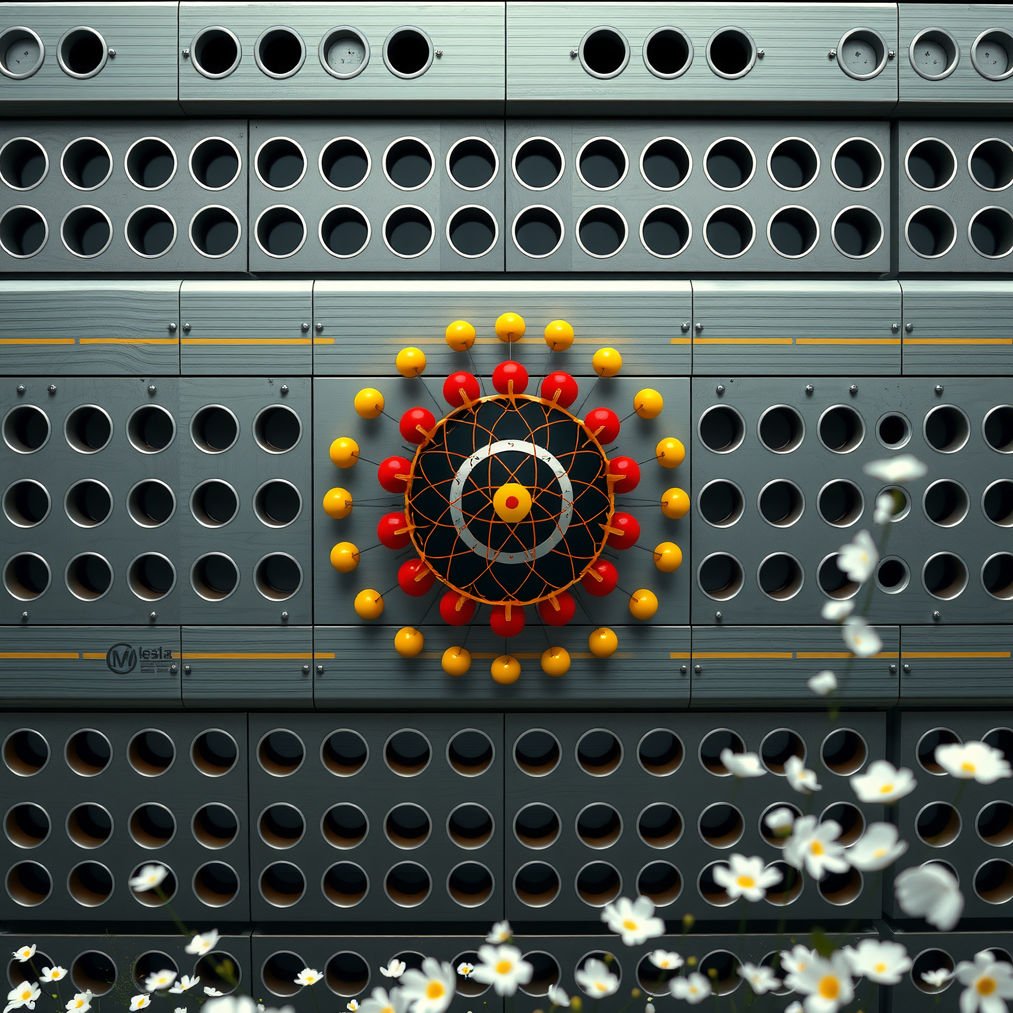 Futuristic wall installation with circular geometric patterns and colorful spheres, adorned with blurred white flowers, creating a dynamic industrial-artistic scene.