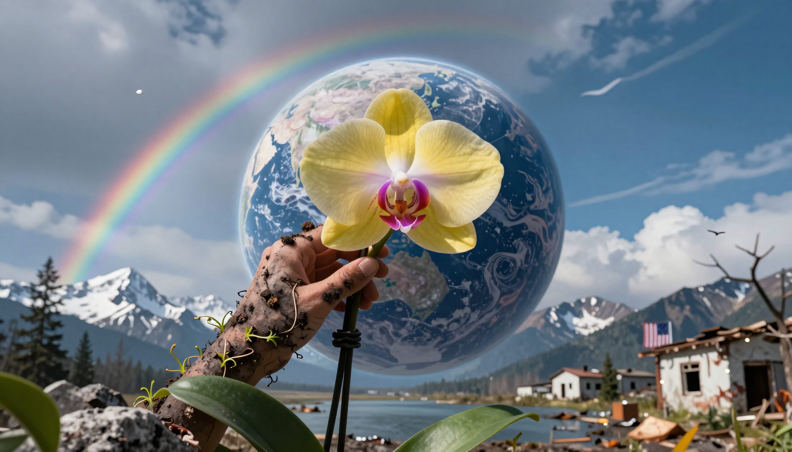 A hand holding a yellow orchid against an Earth backdrop with mountains and a rainbow.
