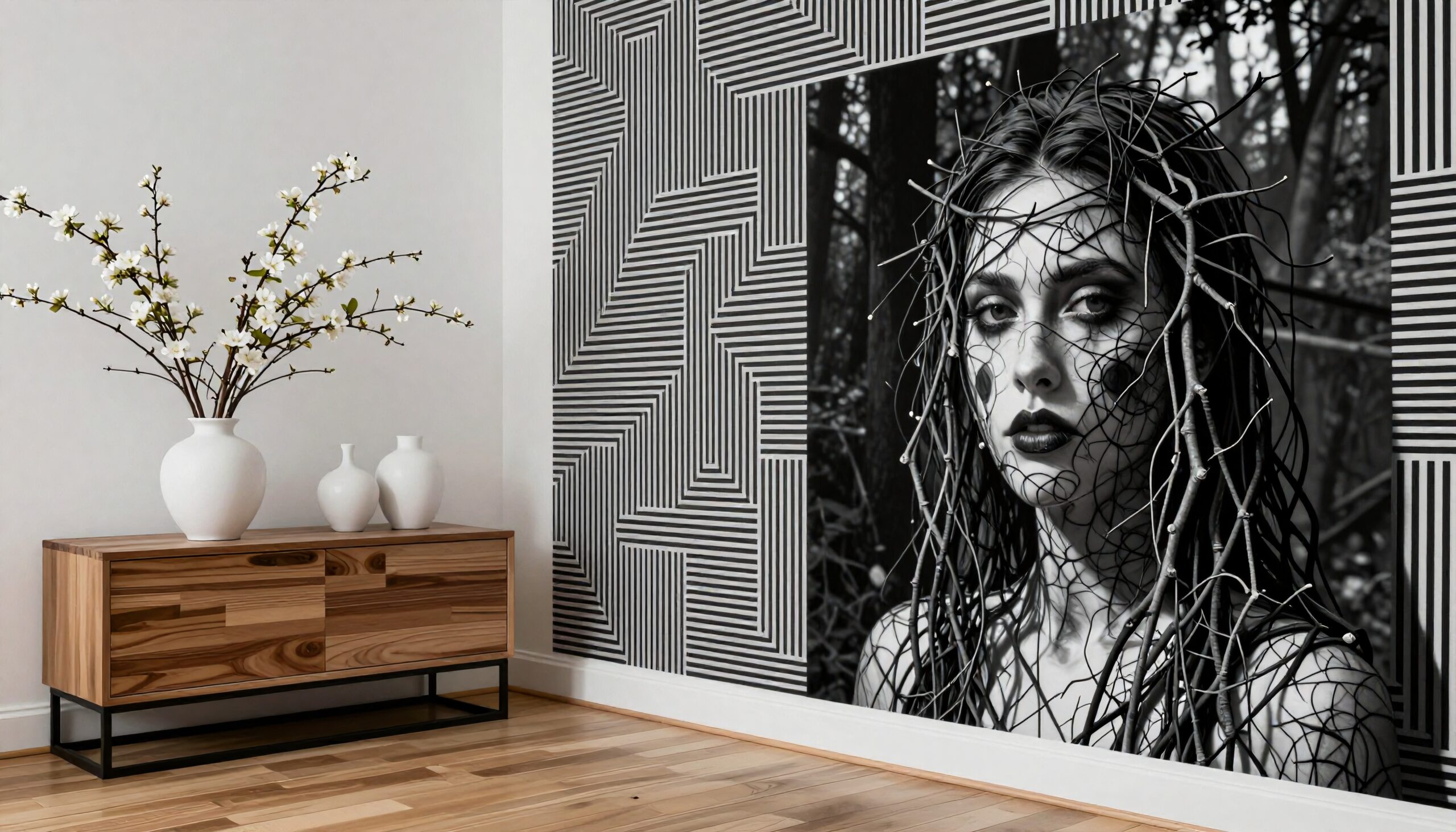 A modern room with a black and white mural of a woman's face intertwined with branches, complemented by a wooden sideboard and vases.