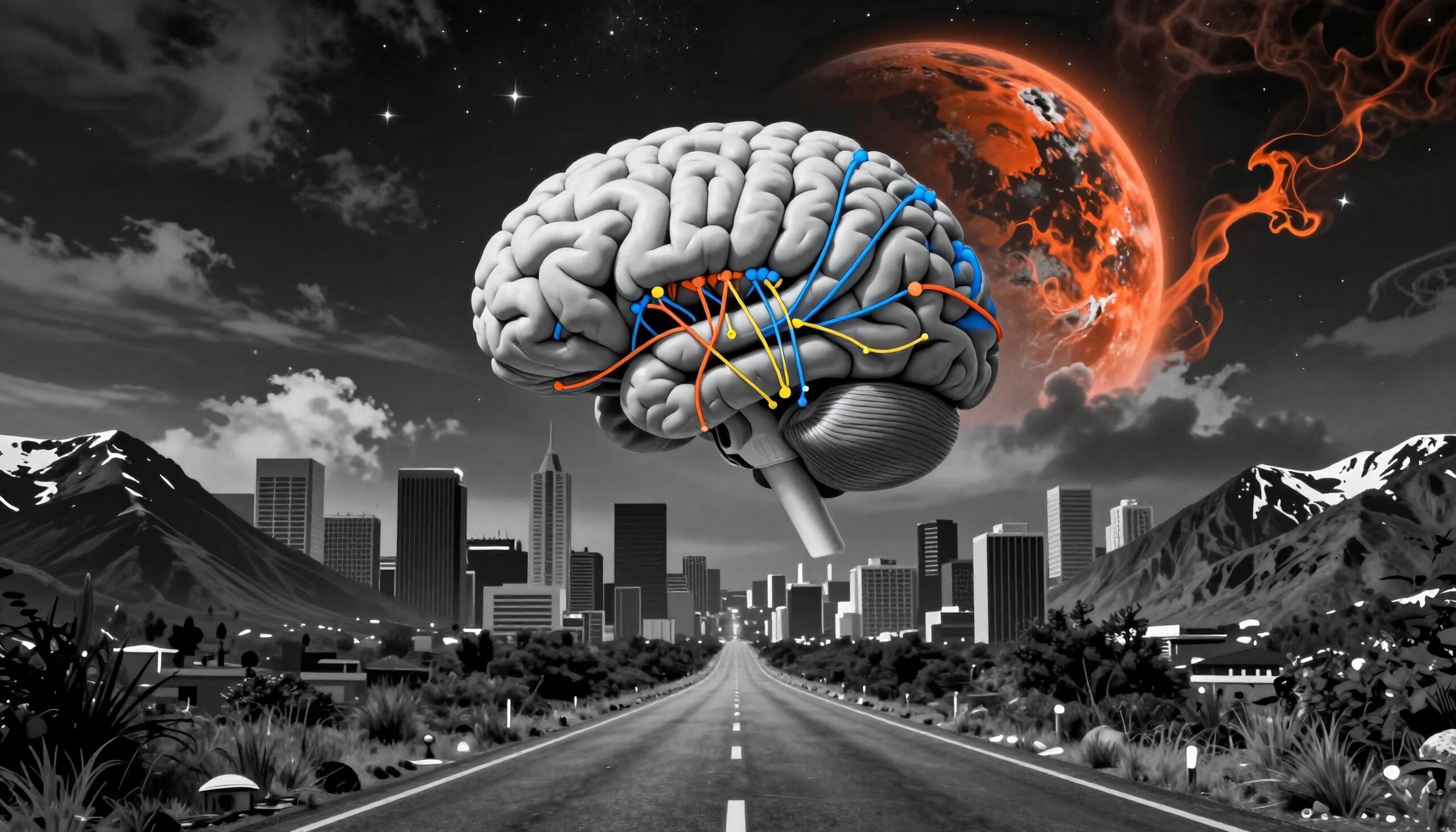A futuristic cityscape features a hovering brain above a greyscale skyline with a fiery planet in the sky.