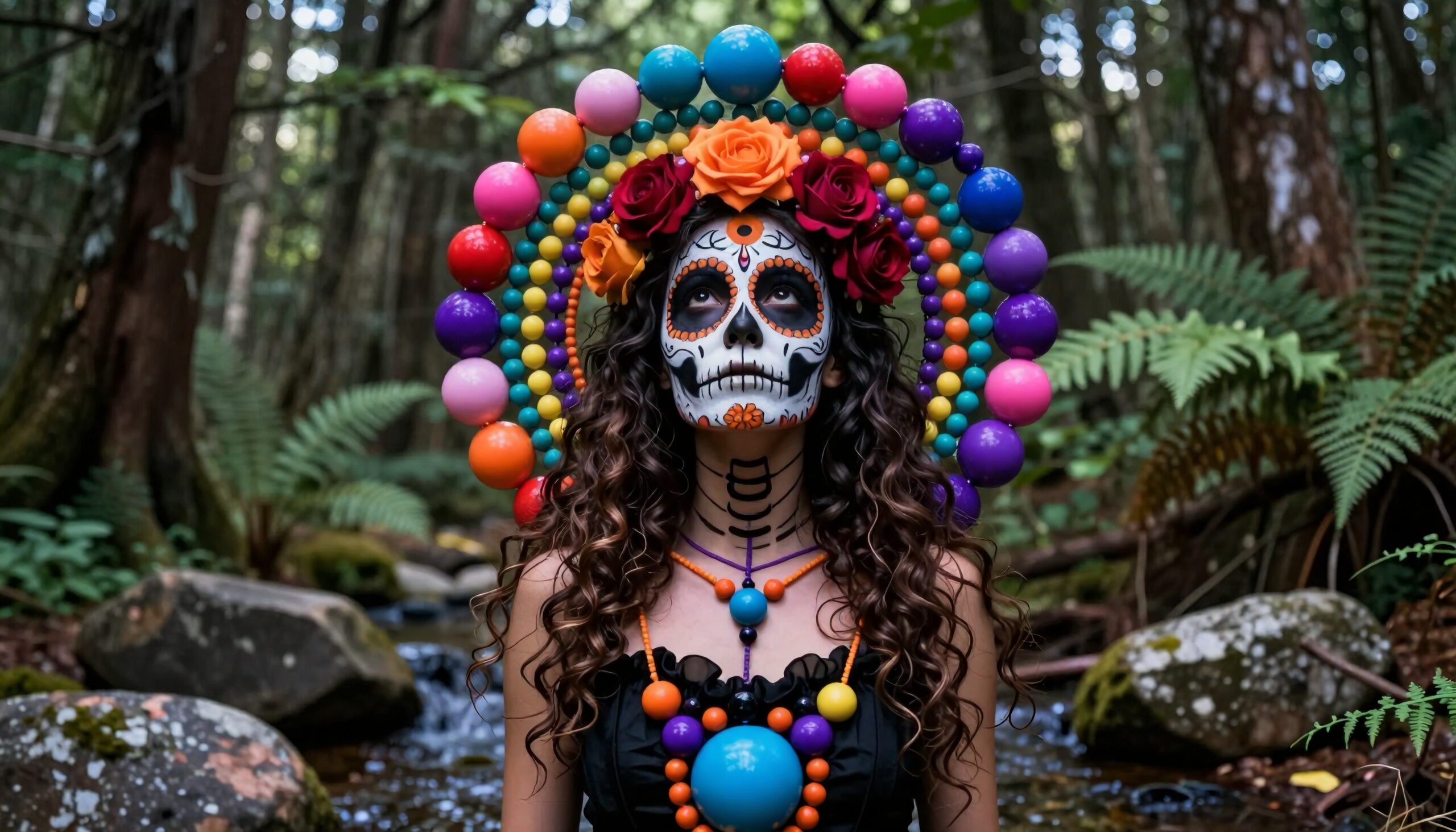 A woman in Dia de los Muertos makeup with a colorful headdress stands in a forest.