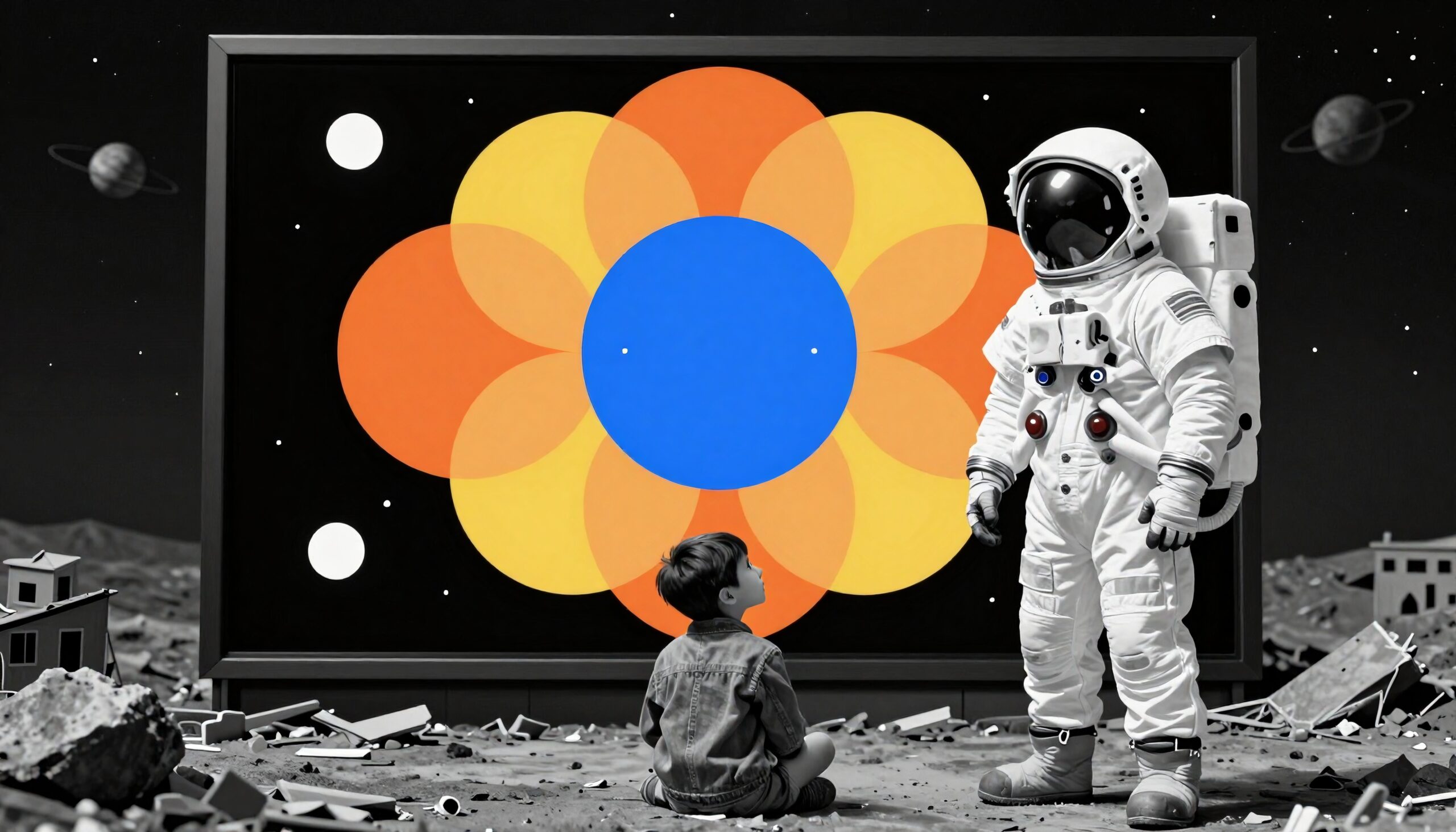 A child on the moon looks at an astronaut next to a colorful screen.