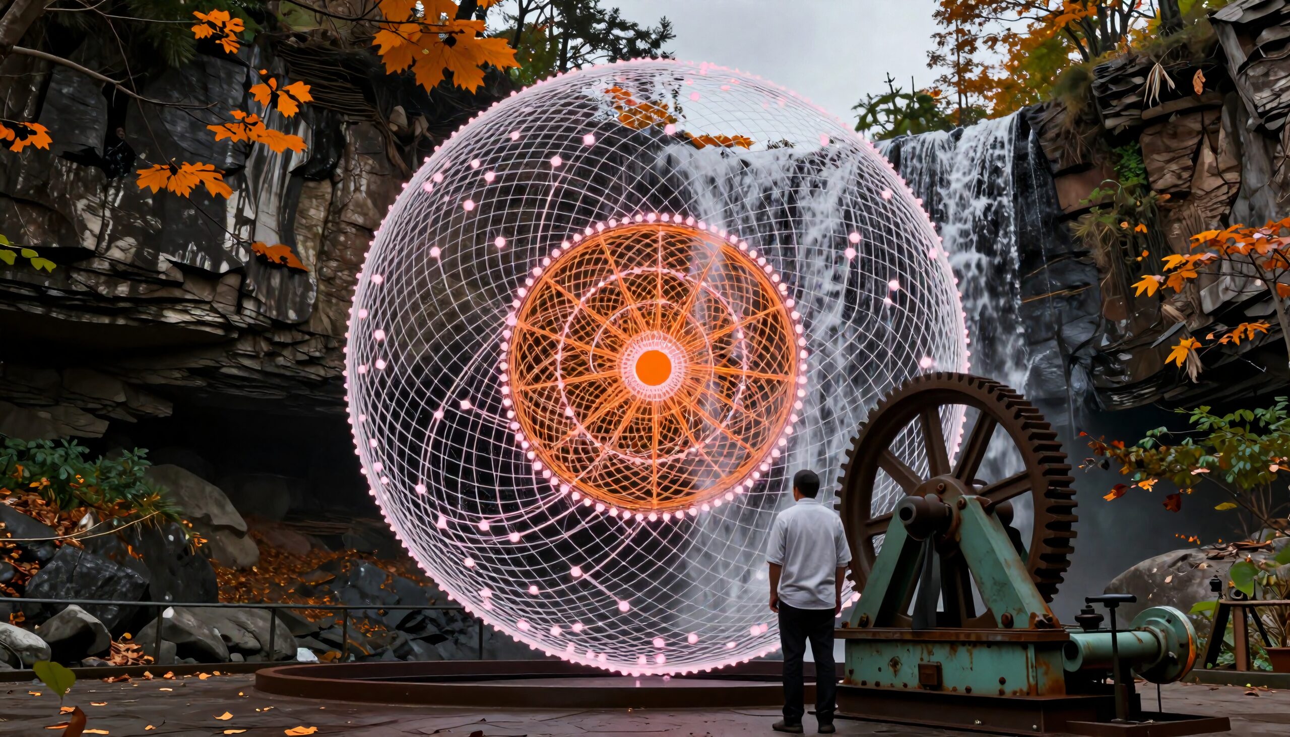 A man observes a glowing geometric sphere in front of a waterfall, surrounded by autumn leaves and an antique machine.