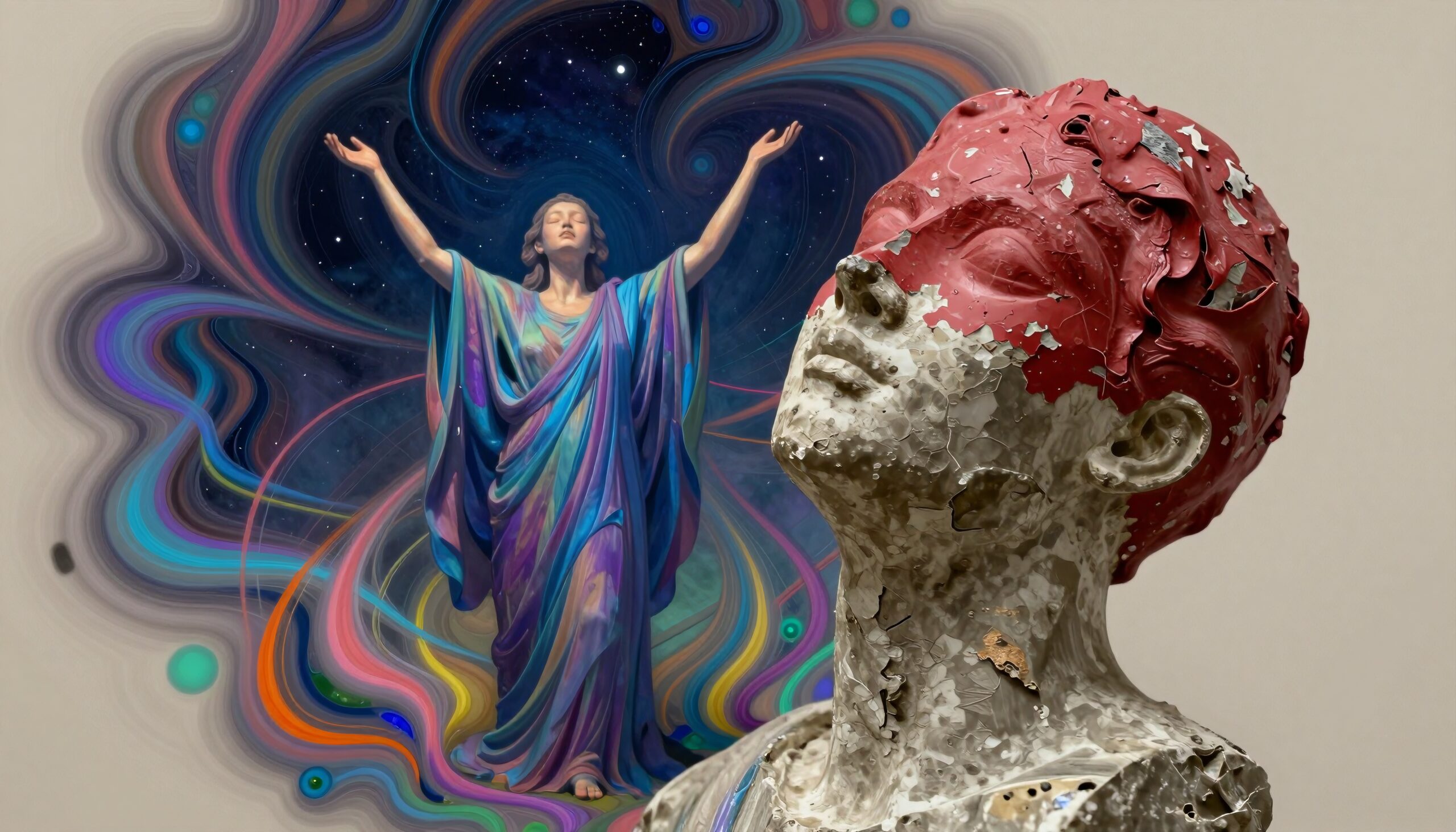 Surreal artwork depicting classical bust with mystical figure and cosmic background.