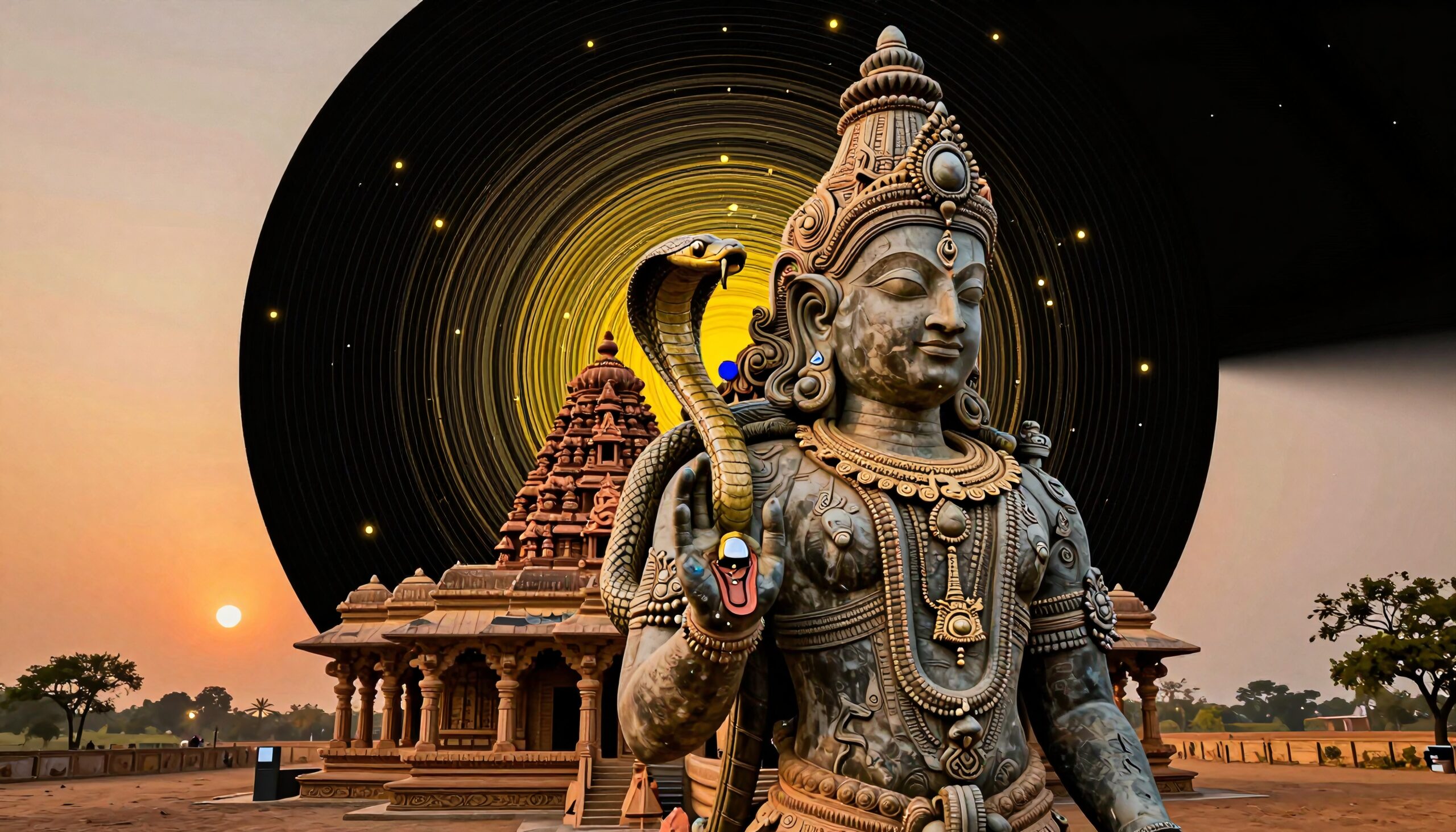 A detailed deity statue with a temple and sunset in the background, encircled by cosmic rings, creating a serene and mystical atmosphere.