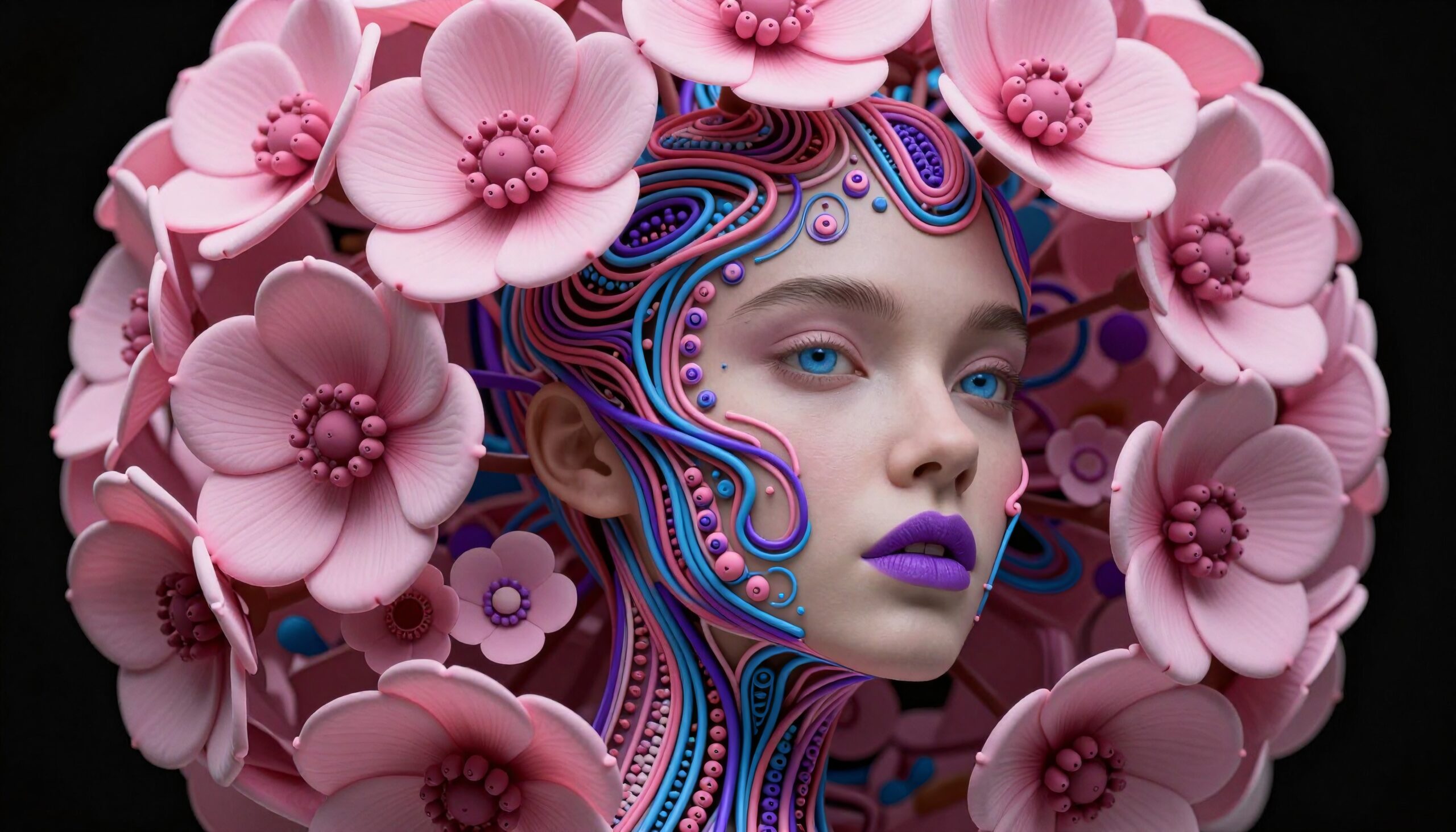 A surreal portrait featuring a person surrounded by large pink flowers with intricate designs, set against a dark background.