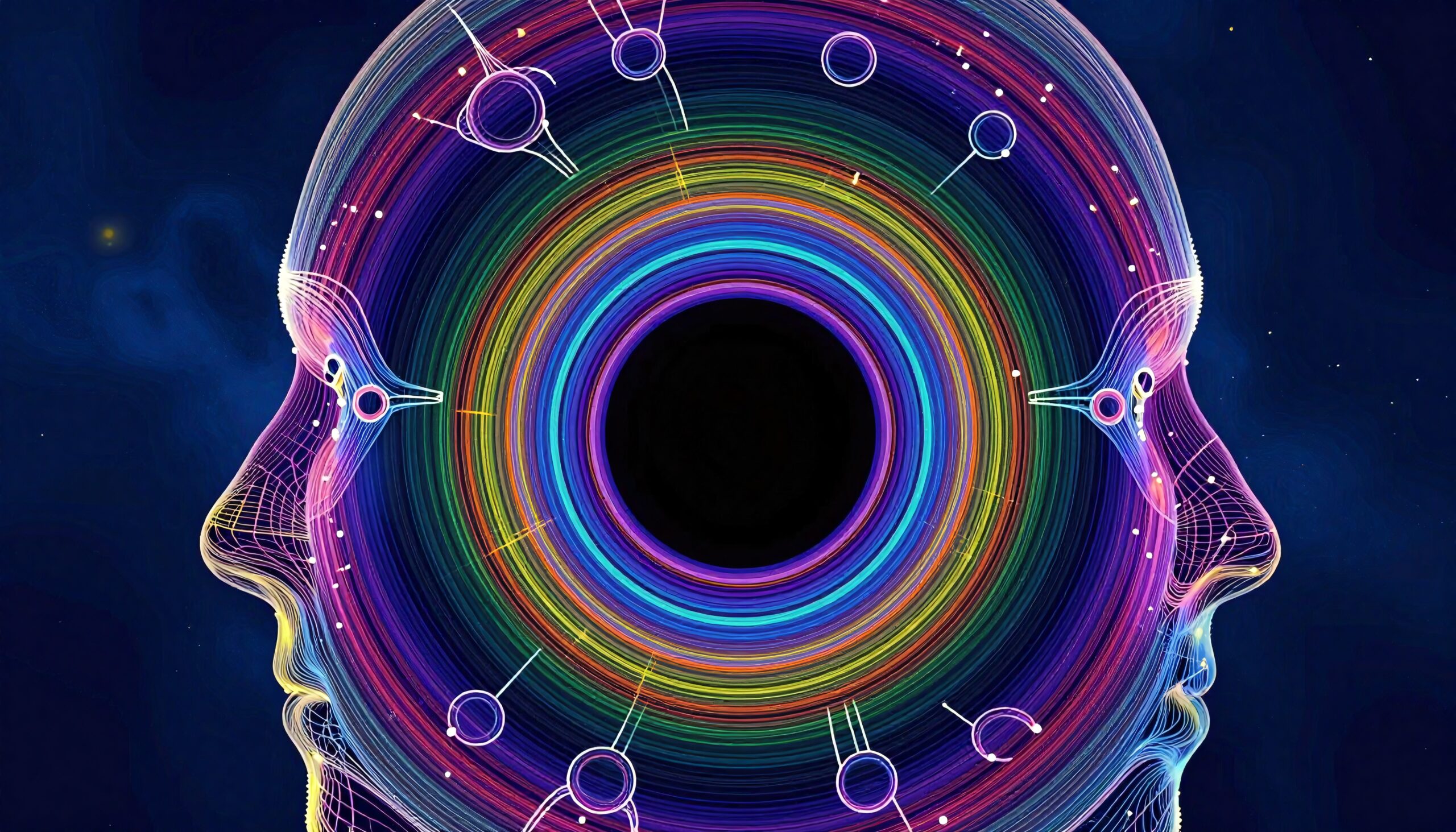 Futuristic digital art with two wireframe faces connected by vibrant concentric circles against a deep blue backdrop.