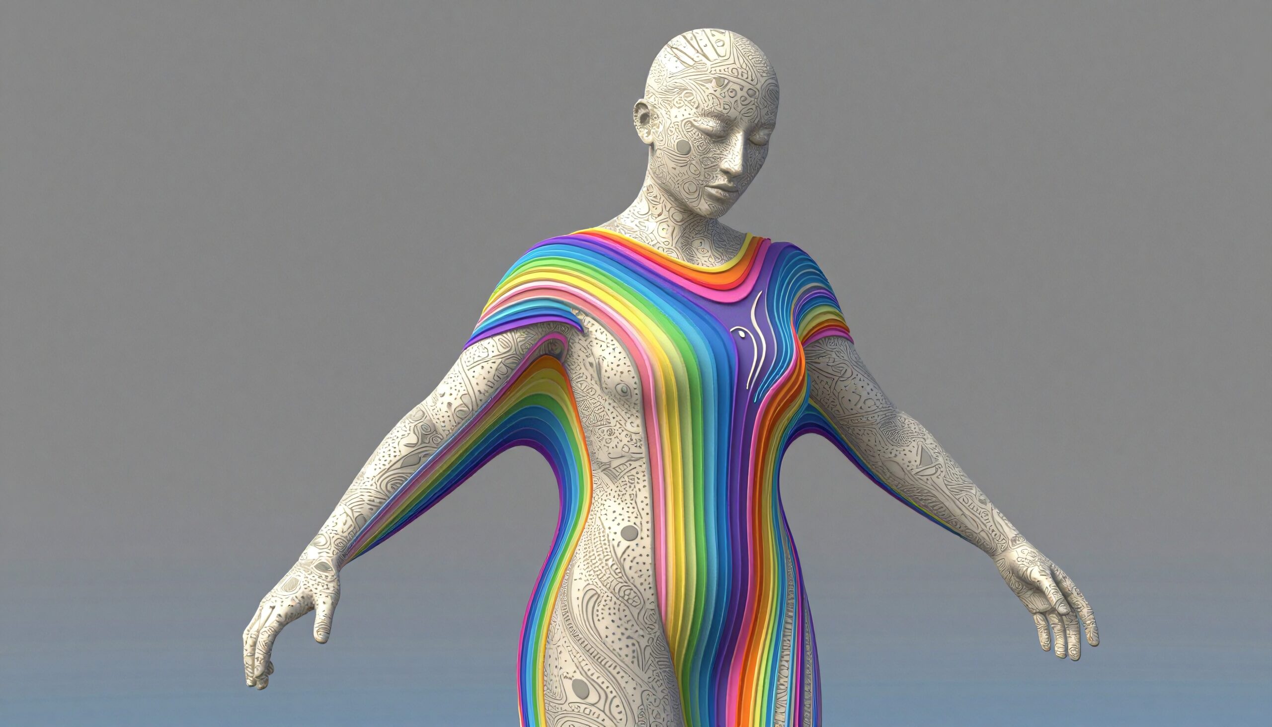 Digital art featuring a detailed humanoid figure with patterned skin and a vibrant rainbow cloak.