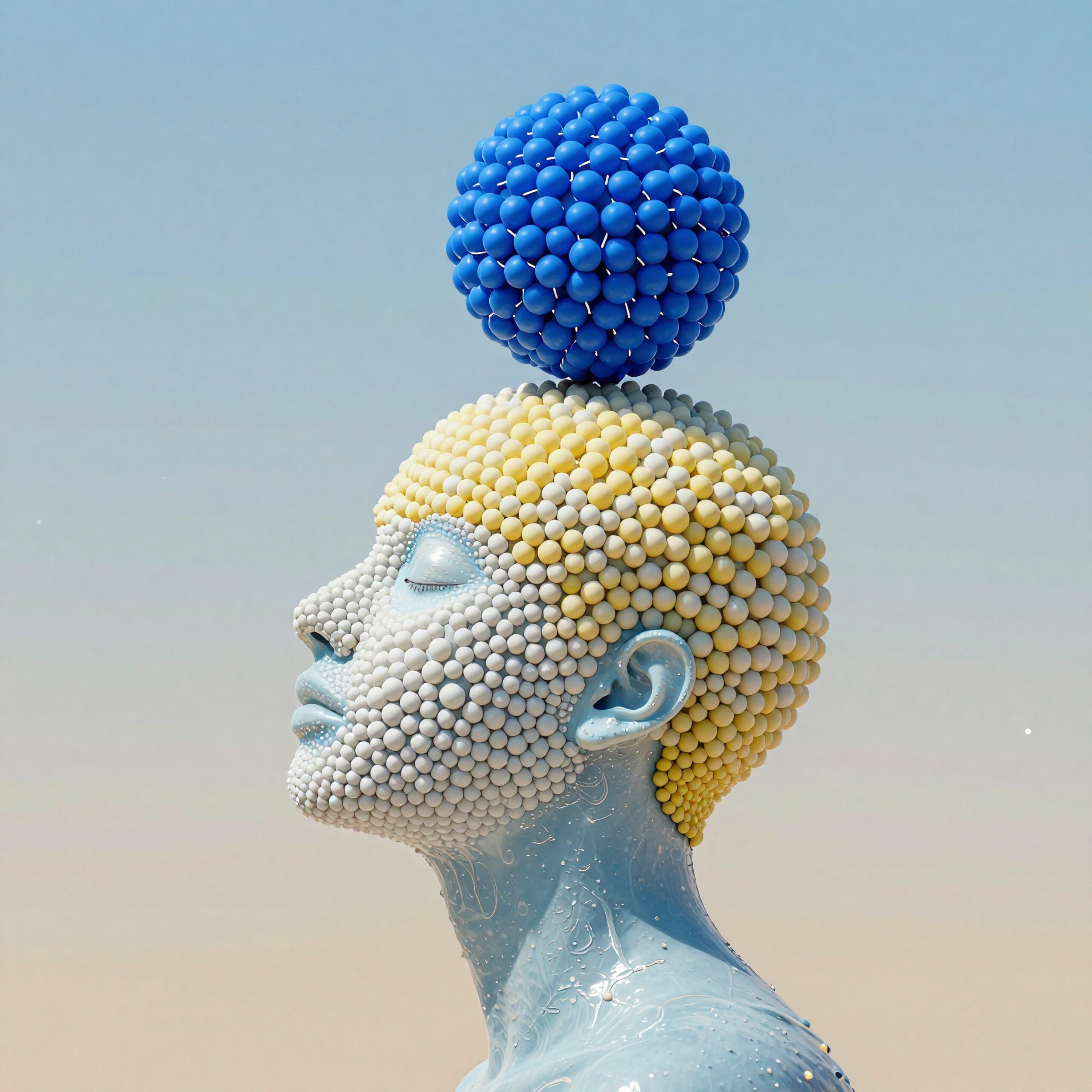 A futuristic sculpture of a head covered in vibrant spheres with serene background.