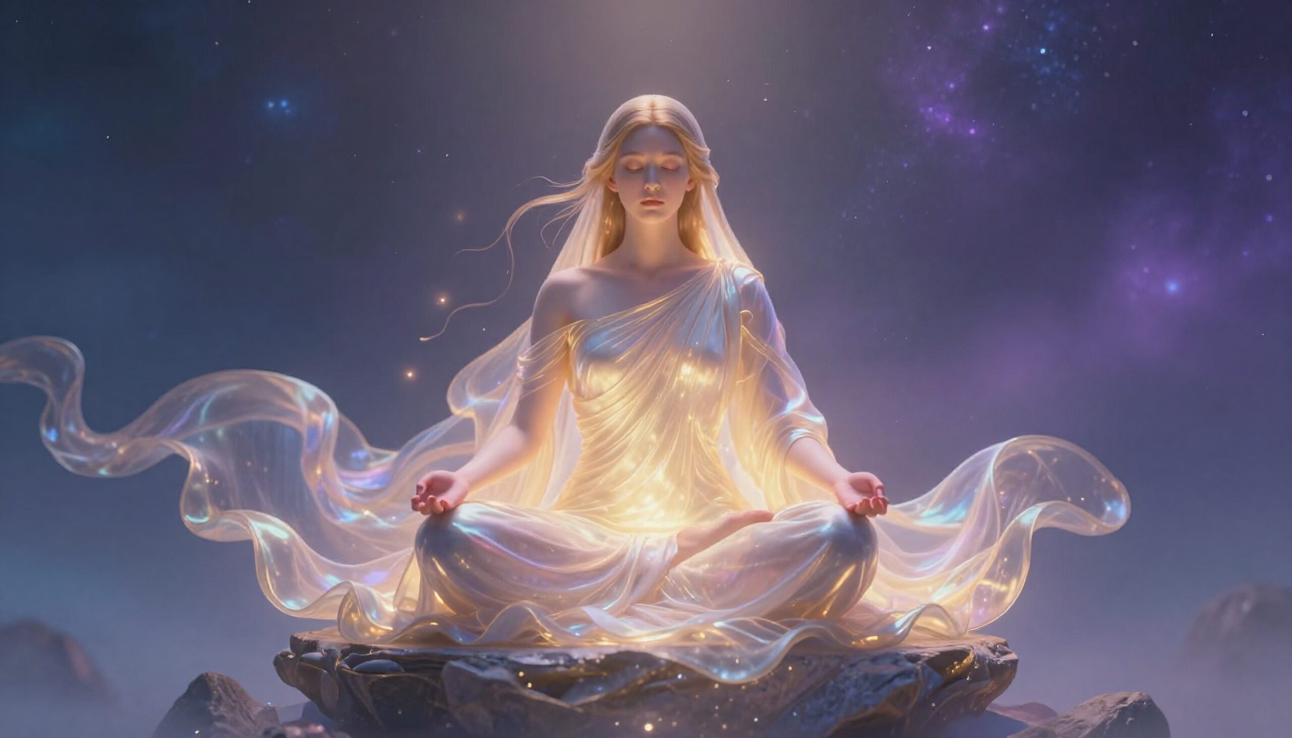 A serene female in glowing meditation among stars.