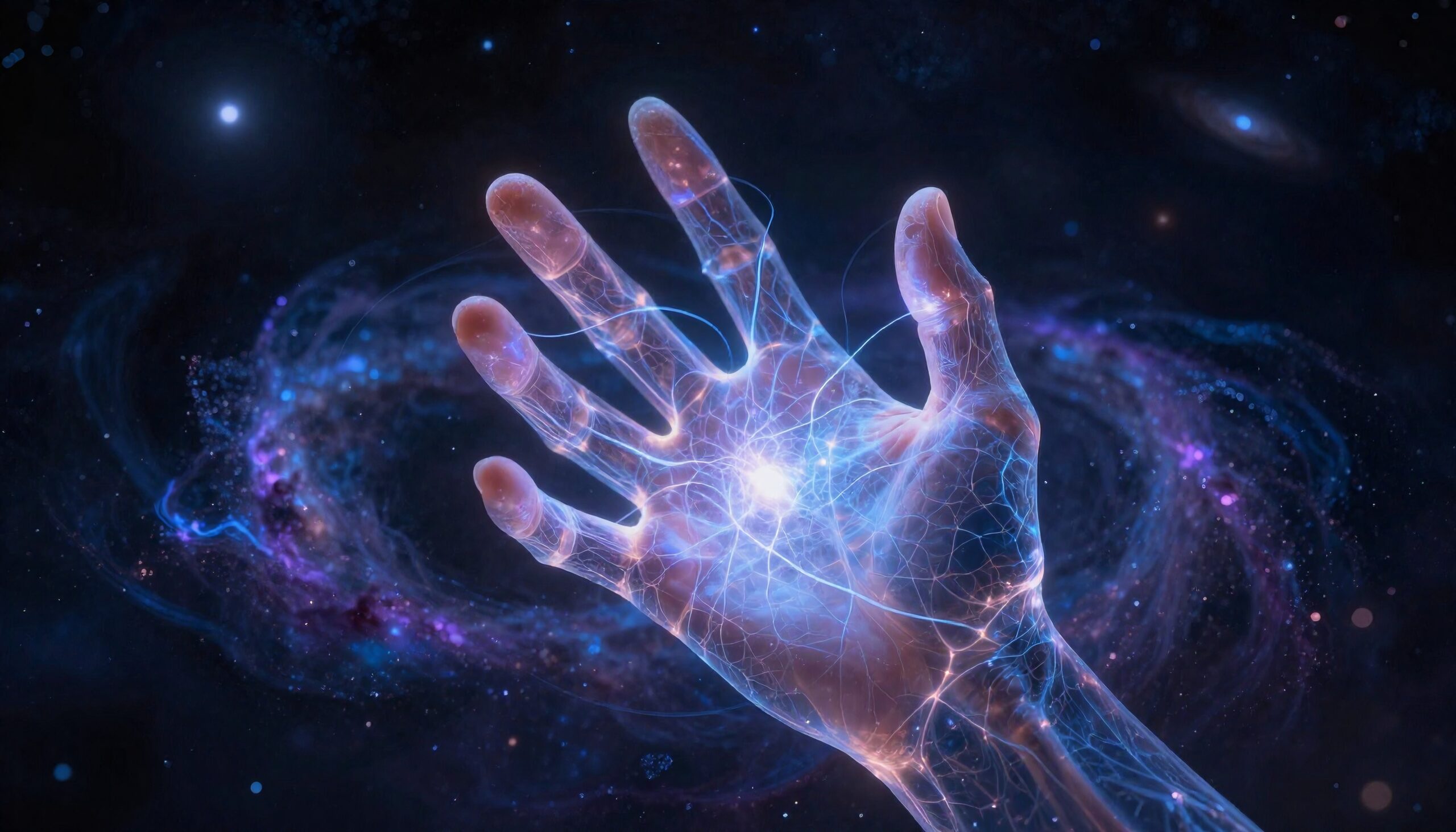 A glowing translucent hand with neural patterns against a cosmic background of stars and nebulae.