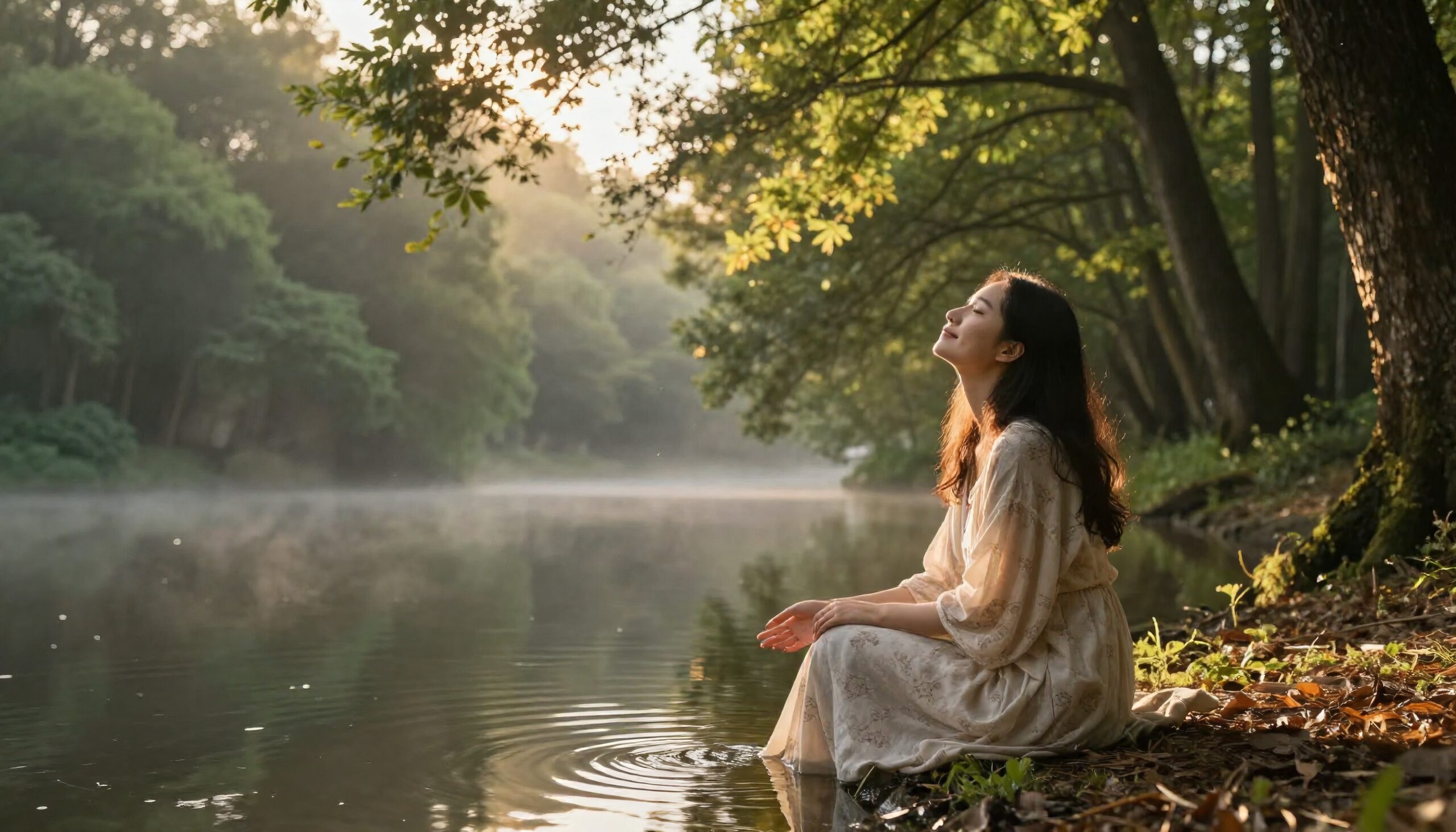 A woman in white sits meditatively by a tranquil lake surrounded by trees at sunset.