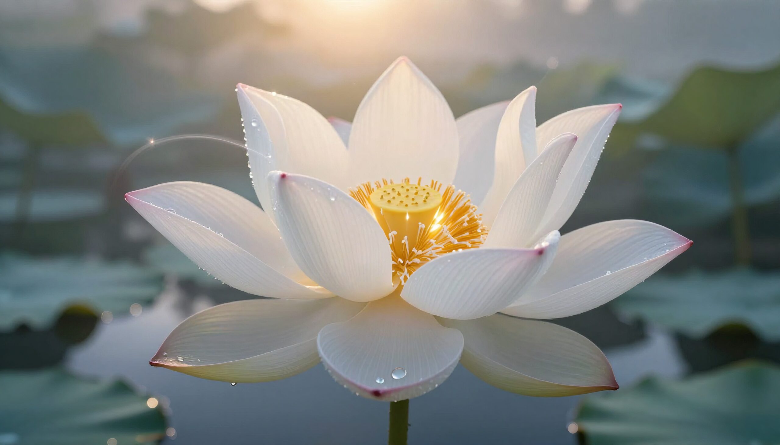 A white lotus flower in full bloom with dewdrops, set against a blurred green foliage background, captured in soft natural light.