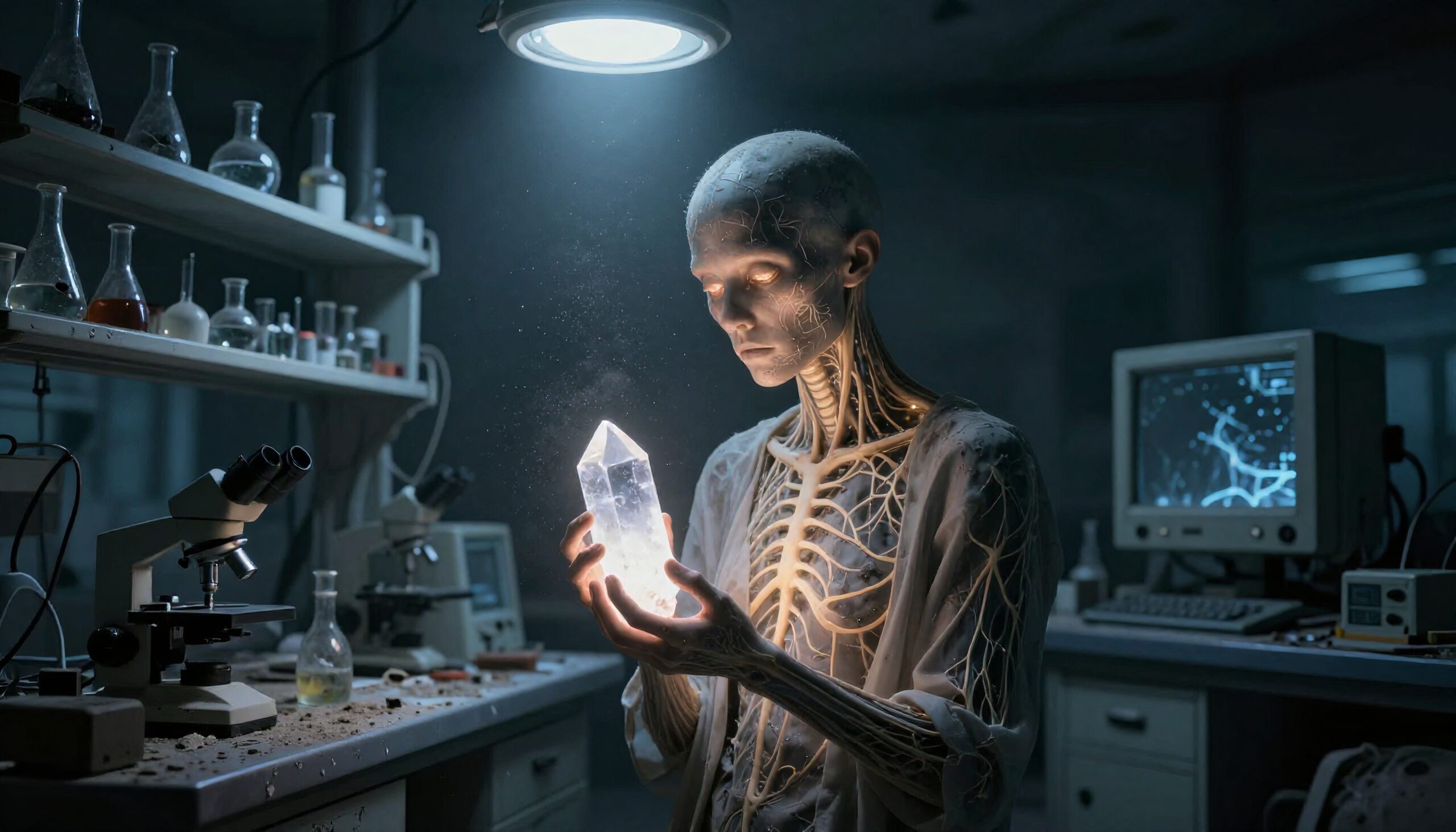 A surreal being holds a glowing crystal in a dark laboratory setting, surrounded by scientific equipment.