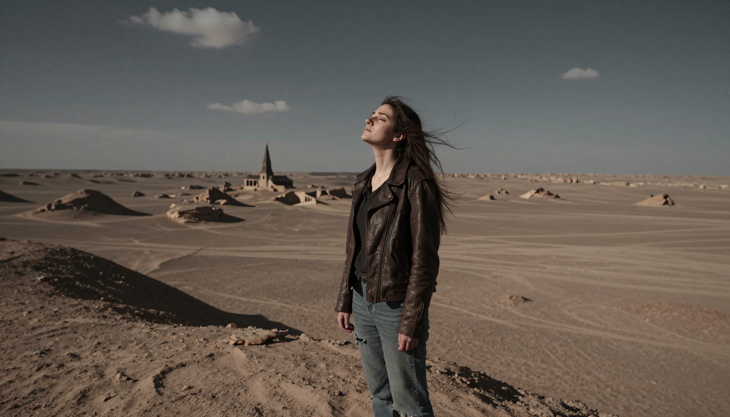 A woman in a leather jacket stands on a desert landscape, eyes closed, with sand dunes and a distant structure in the background.