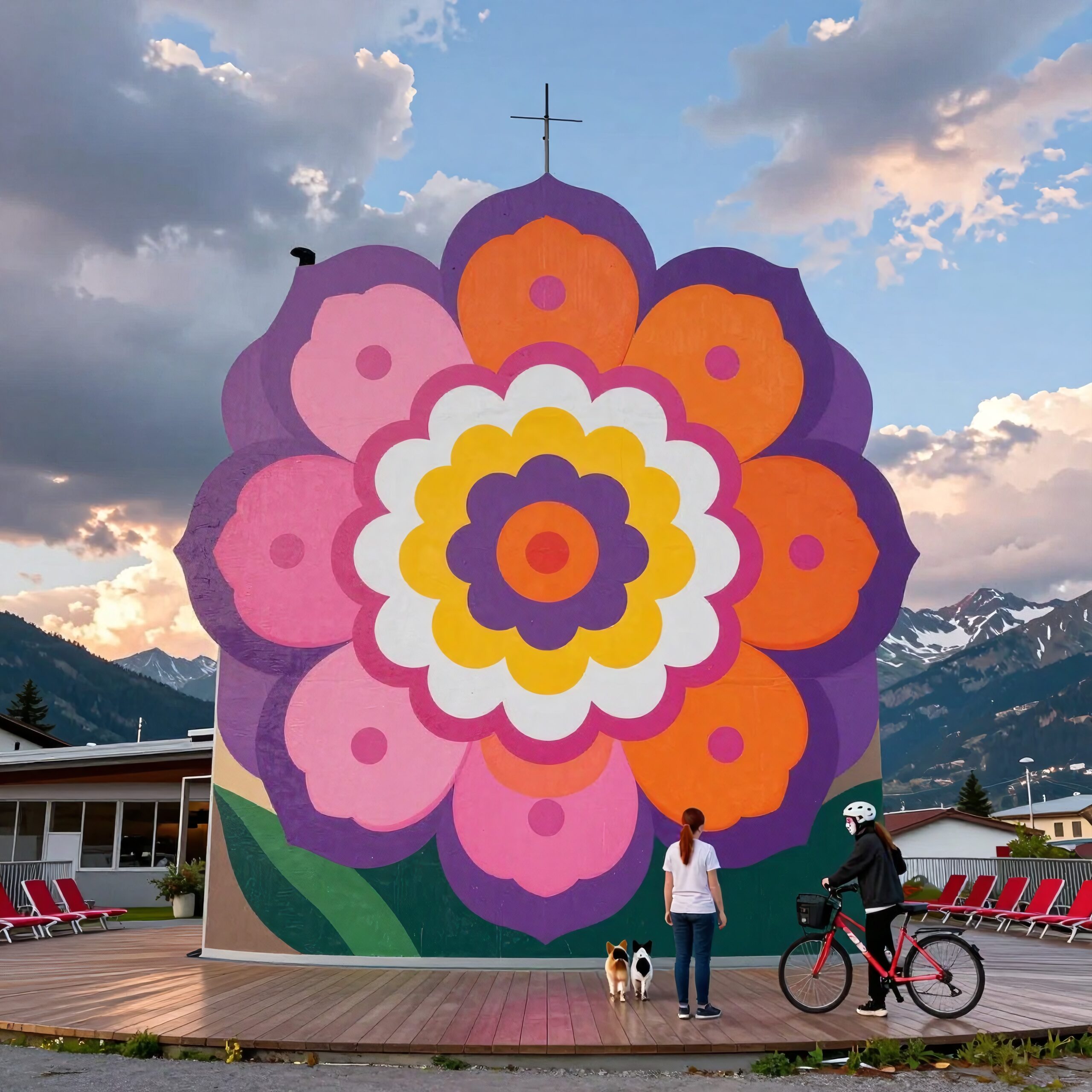 Colorful flower mural with vibrant petals against a mountain backdrop, admired by people and dogs, set in a serene outdoor environment.