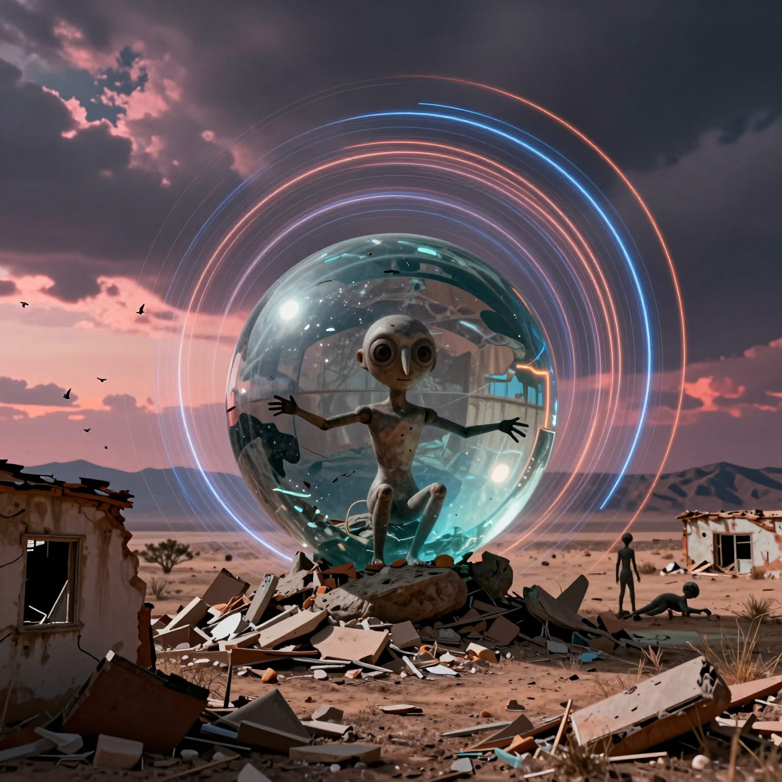 An alien in a glass sphere amidst a desert wasteland with scattered ruins.