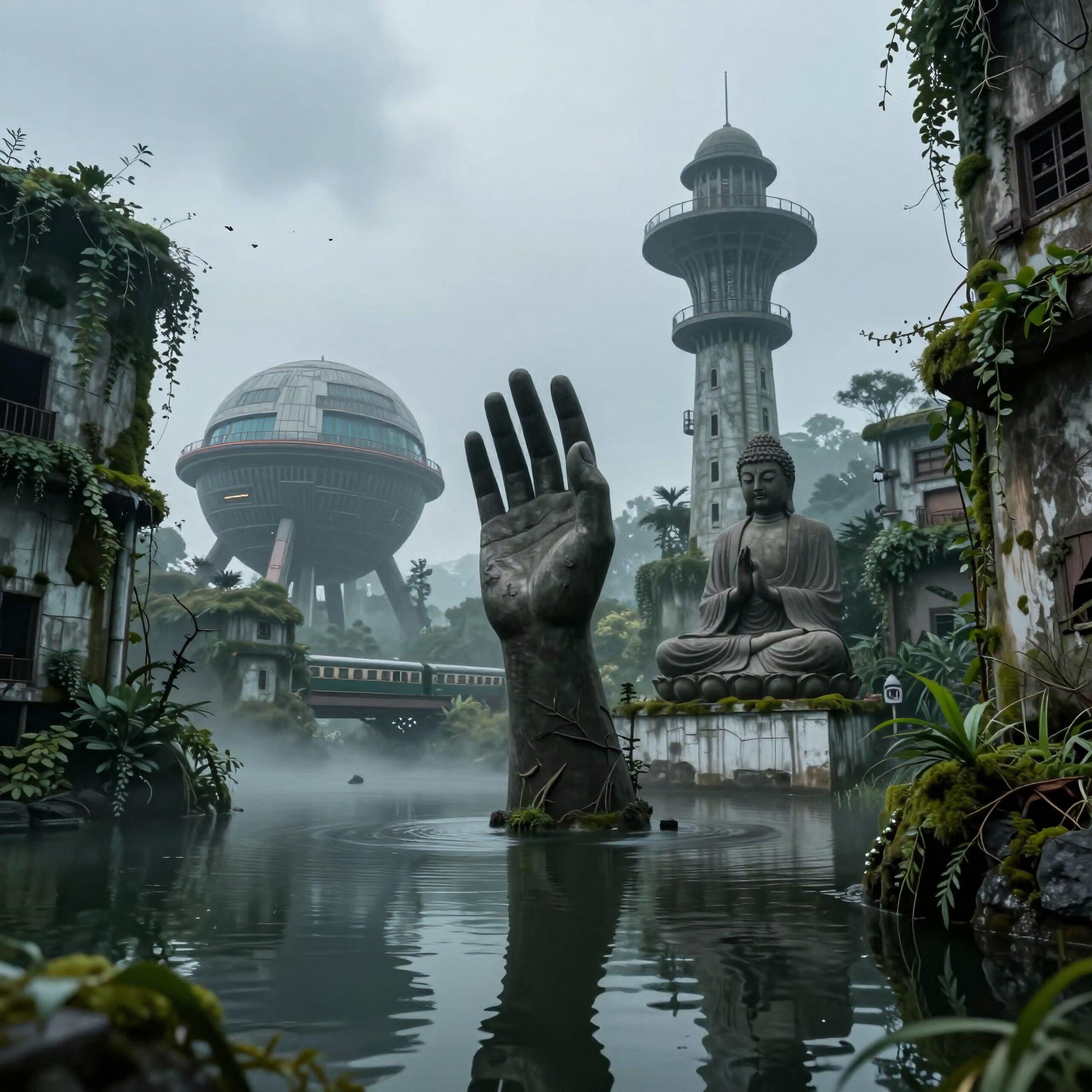Futuristic landscape with Buddha statue, stone hand, and advanced structures surrounded by nature.