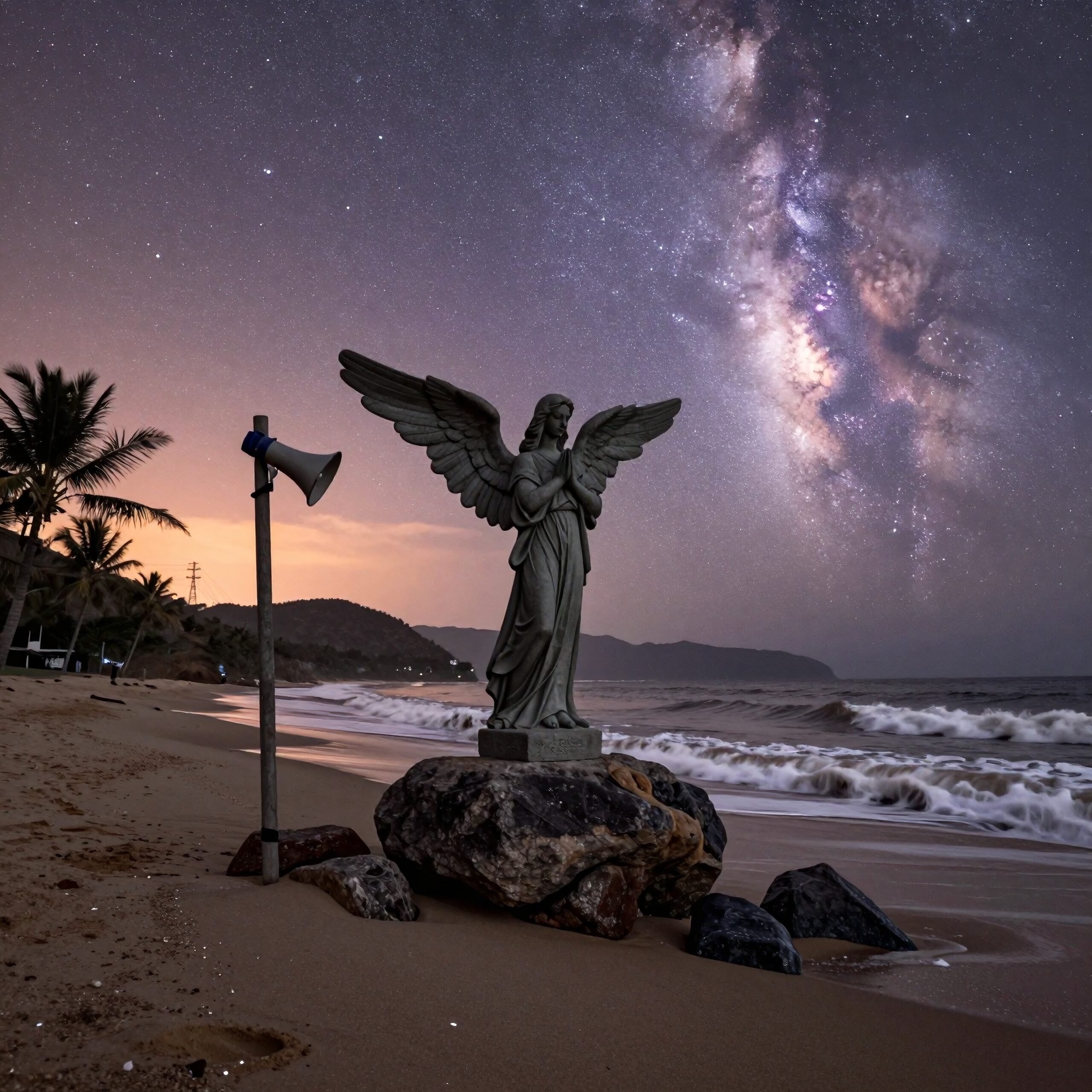 A statue of an angel on a beach under a starry sky with the Milky Way.