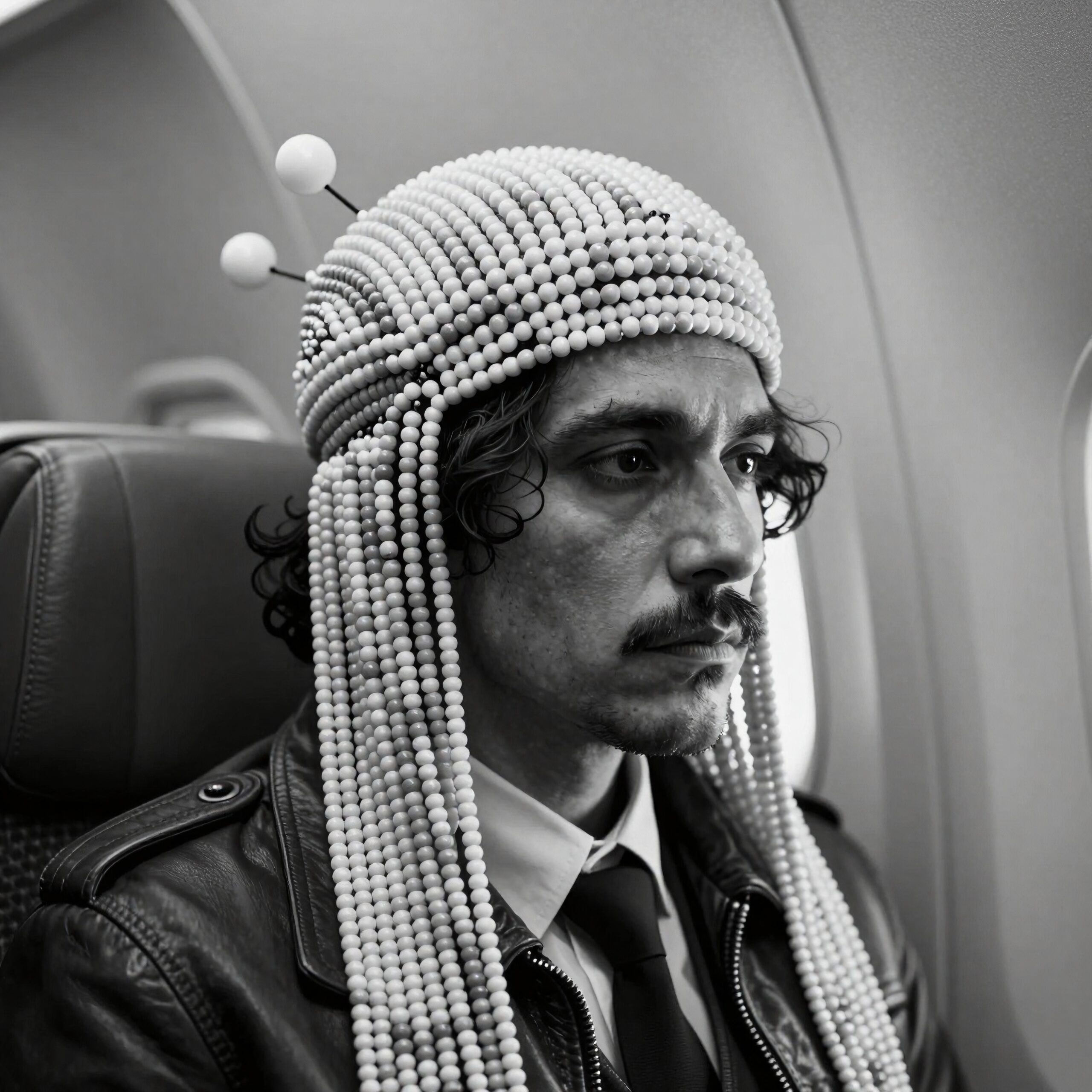 A man in an airplane seat wears a beaded headdress, creating a unique and artistic look.