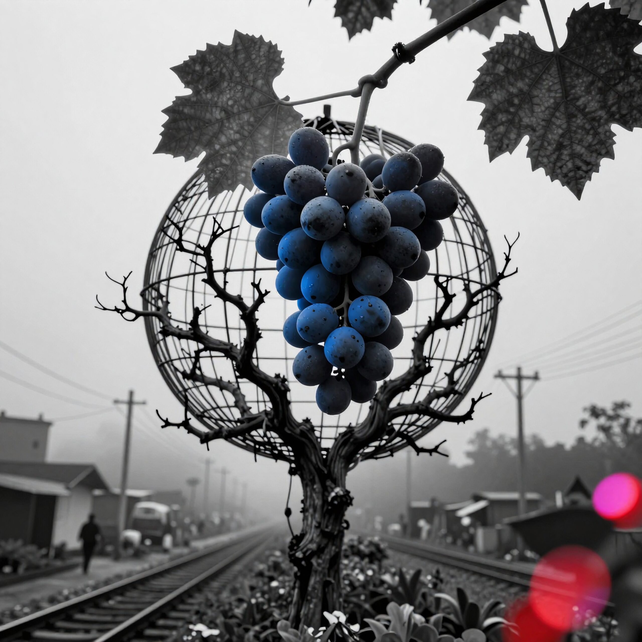 A vibrant bunch of purple grapes hangs prominently against a monochrome railway background, creating a striking artistic composition.