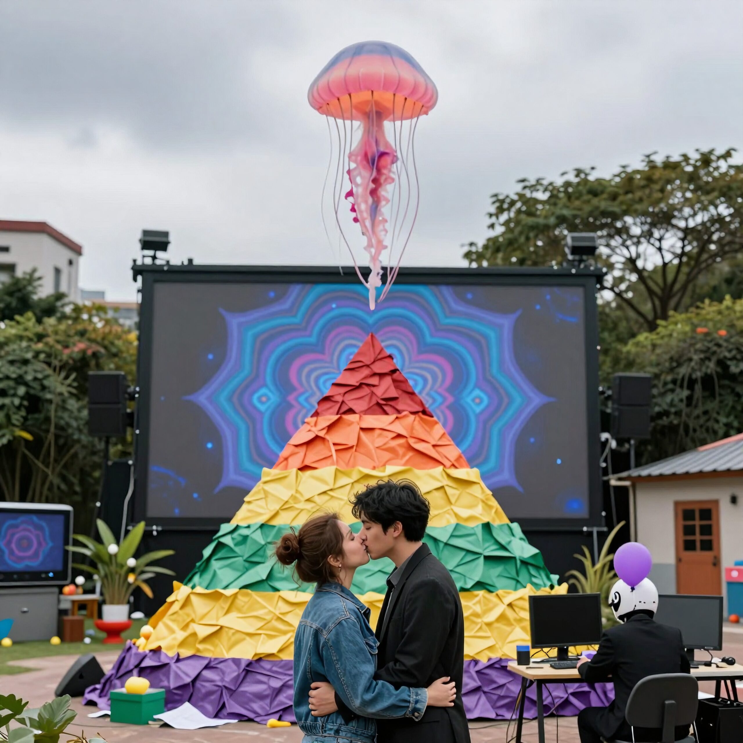 Couple kisses beside colorful art installation outdoors.