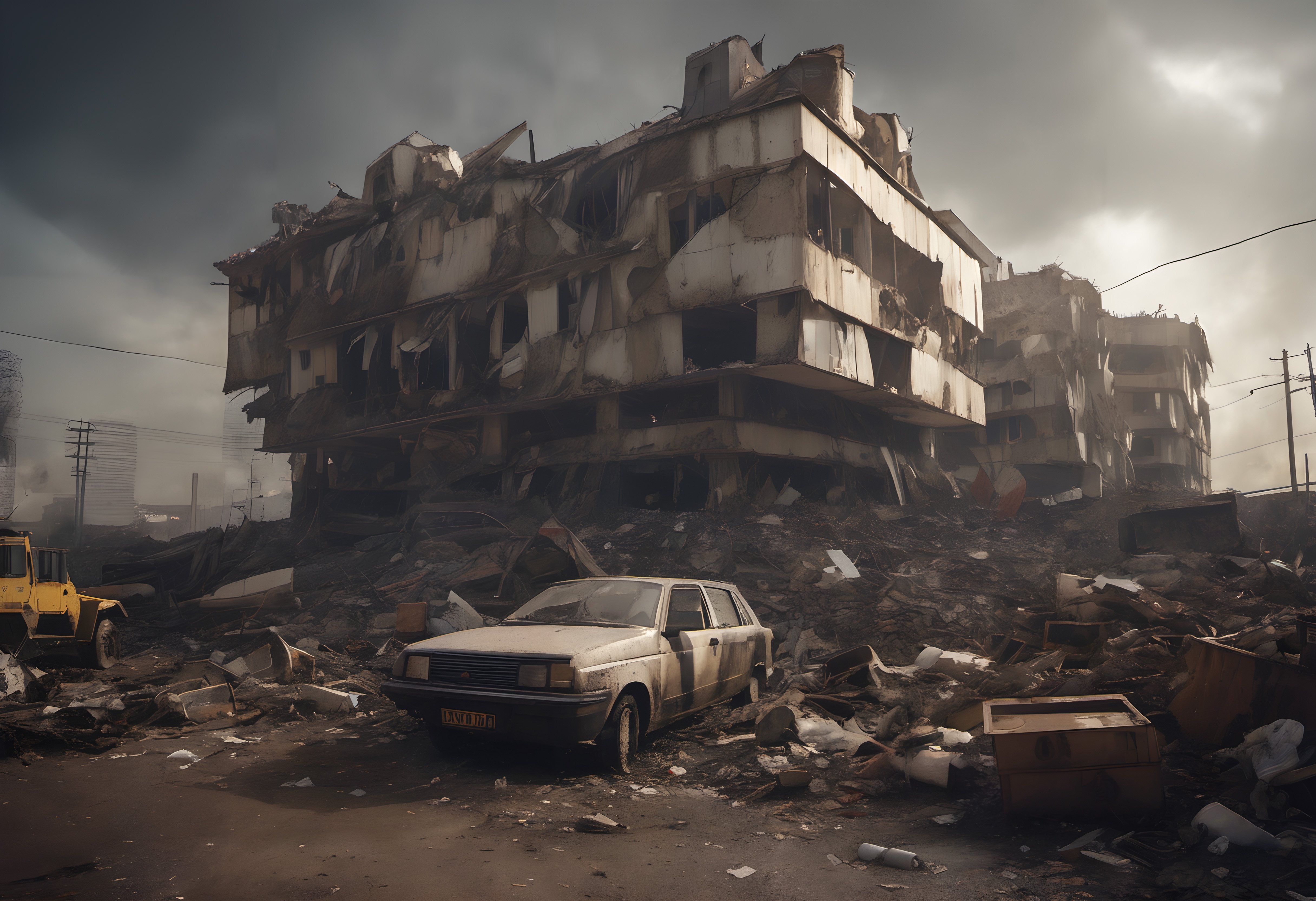 Image of a shattered urban landscape showing a destroyed building and a debris-covered car, illustrating severe devastation in a city setting.