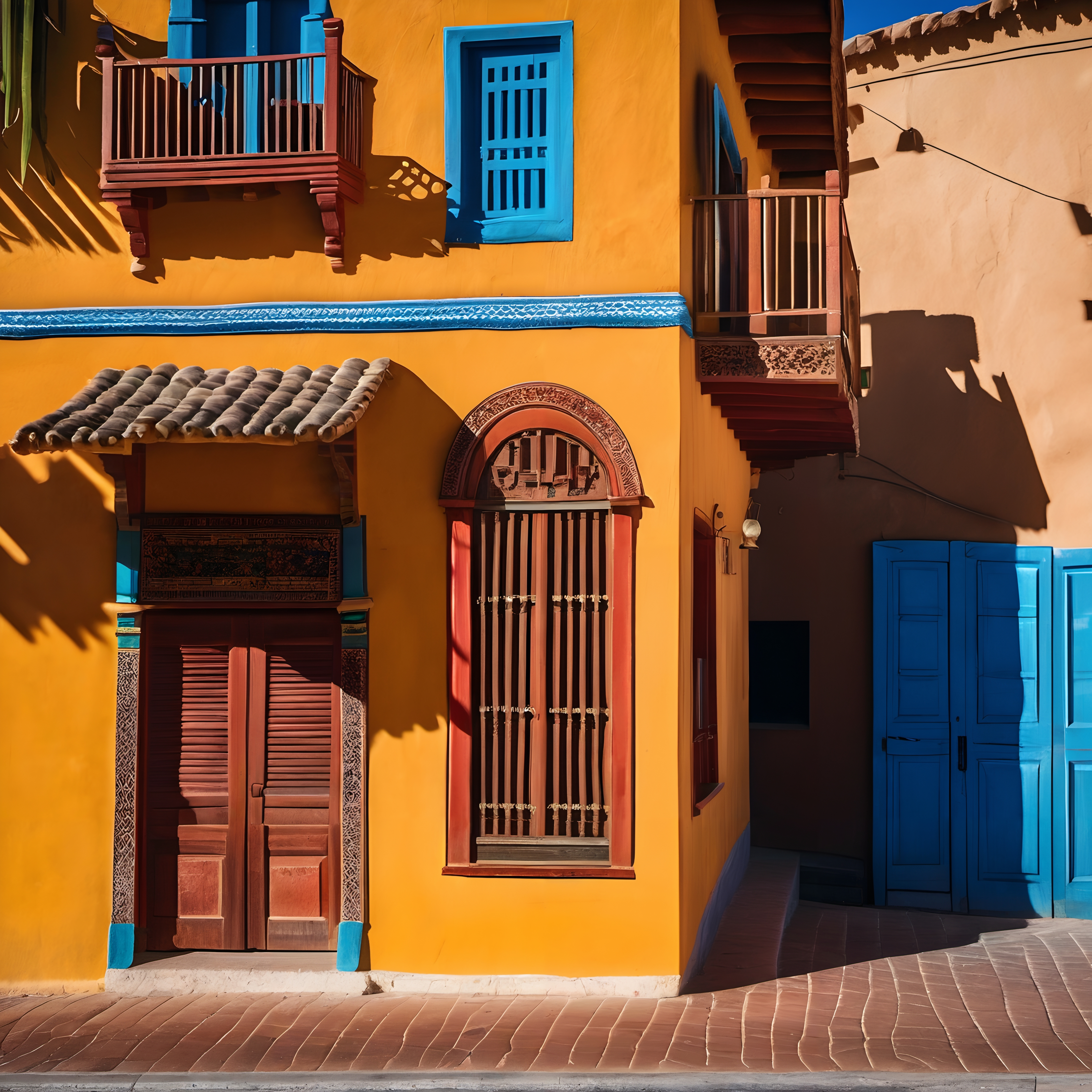 Vividly colored building facade with intricate wooden details and vibrant orange, red, and blue accents creating a lively street scene.