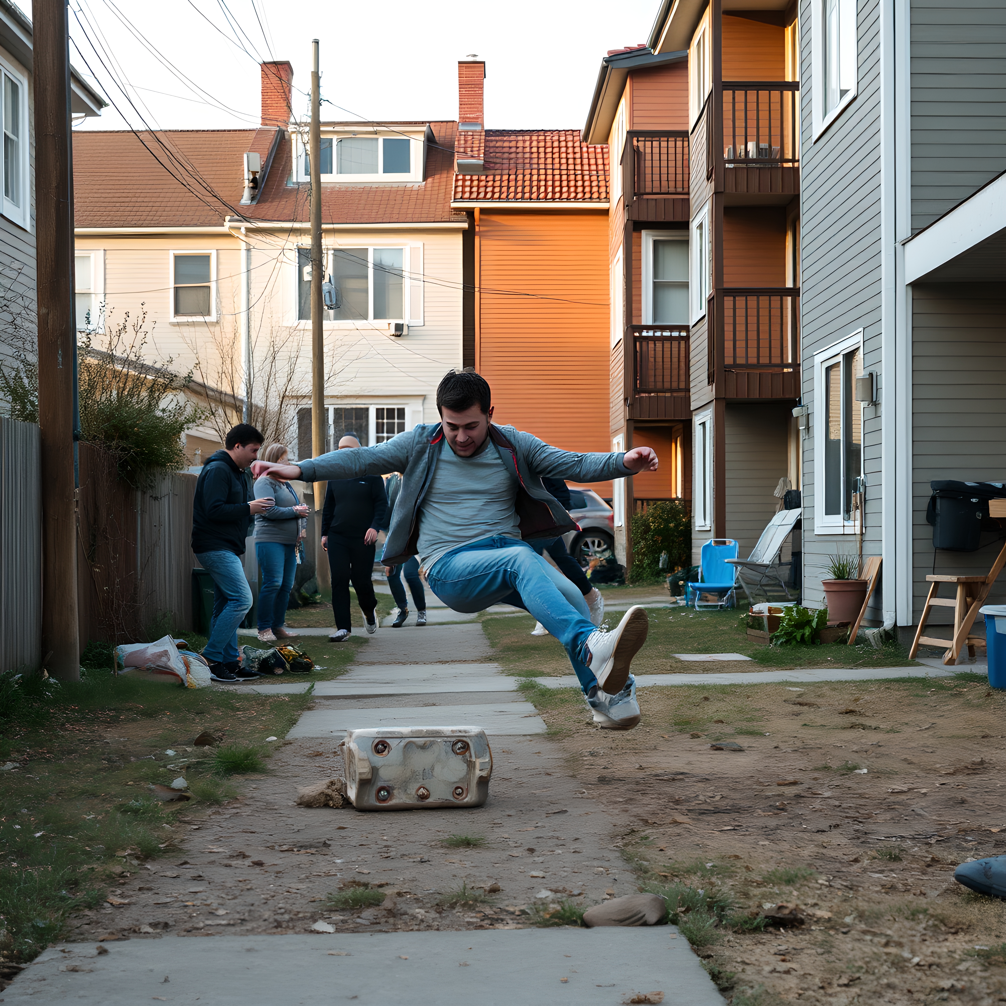 Young man energetically jumps over obstacle on a residential alley pathway, with people observing in the background.