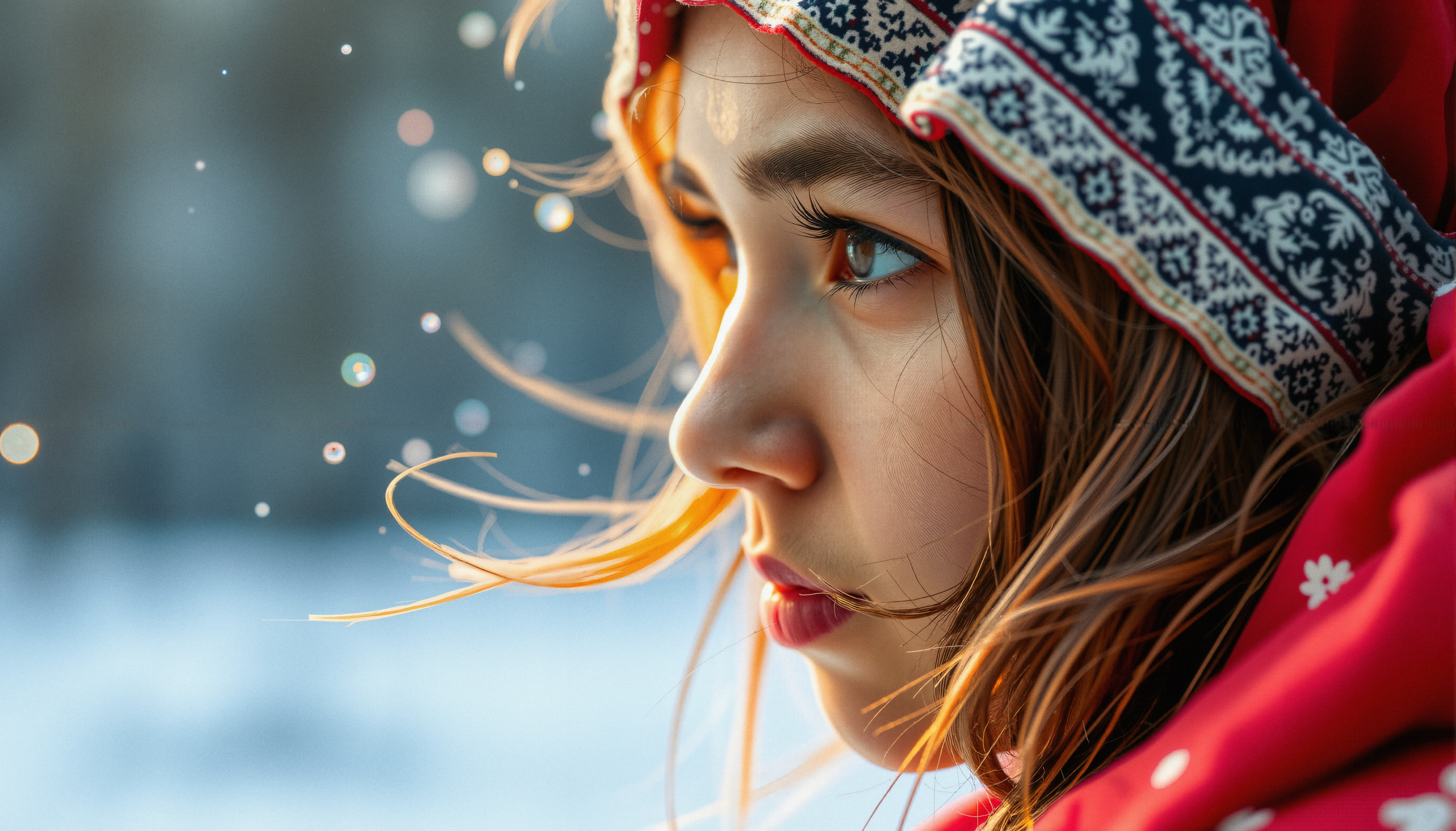 A young girl in a red traditional scarf gazes intently, surrounded by soft bokeh lights against a blurred background.
