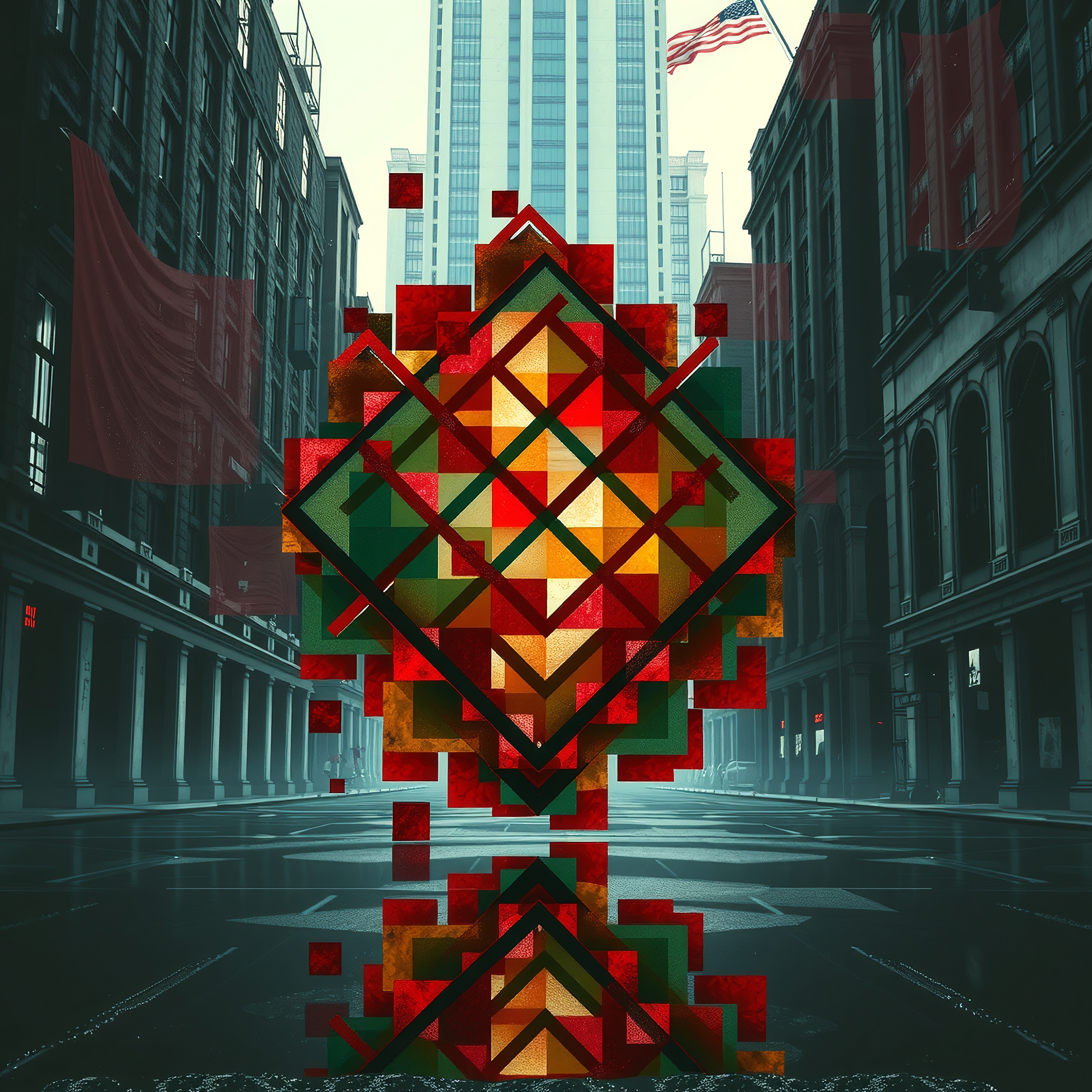 A vibrant geometric pattern contrasts with classic urban architecture.