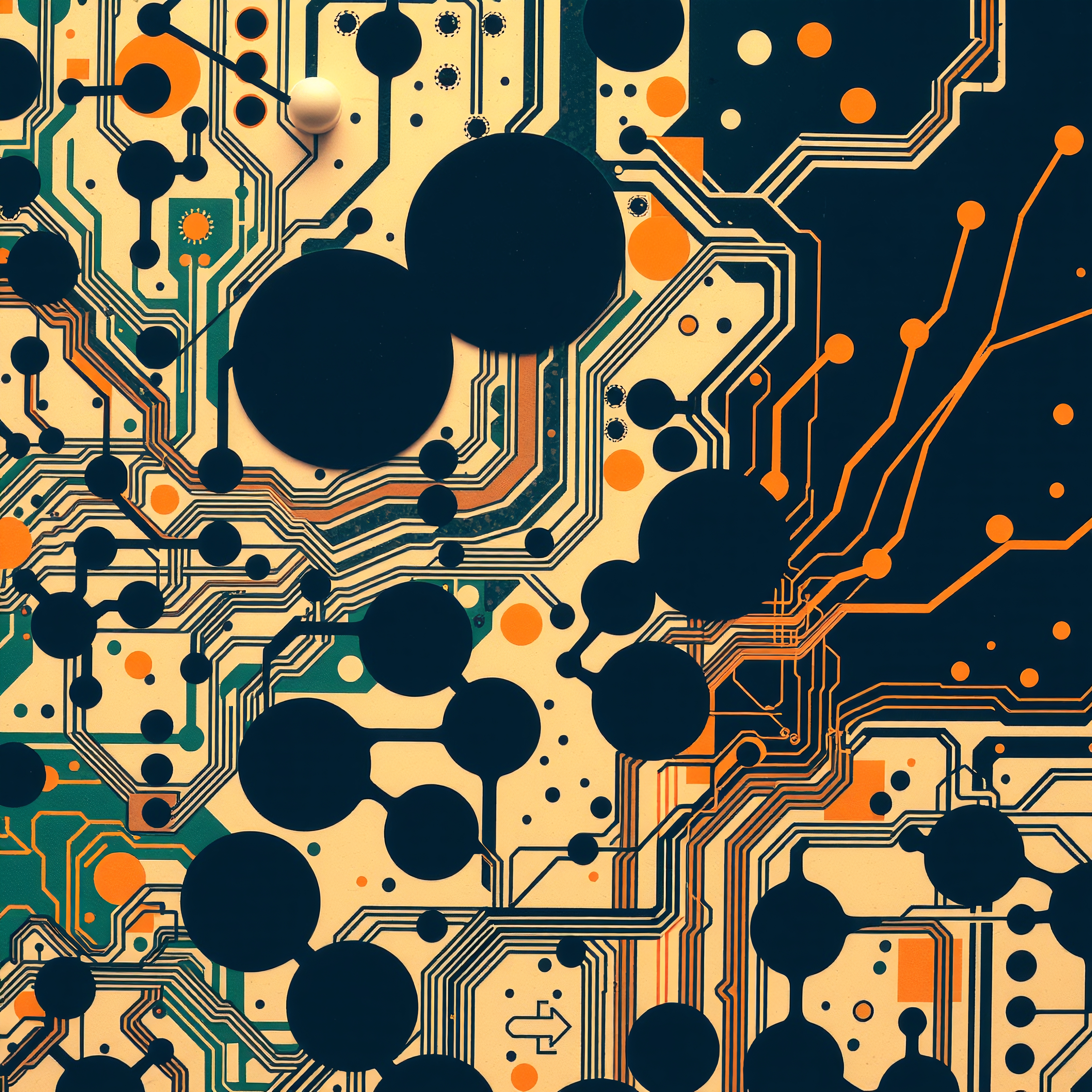 Abstract circuit board design featuring black, orange, and green elements, with intricate pathways and nodes, creating a modern technological aesthetic.