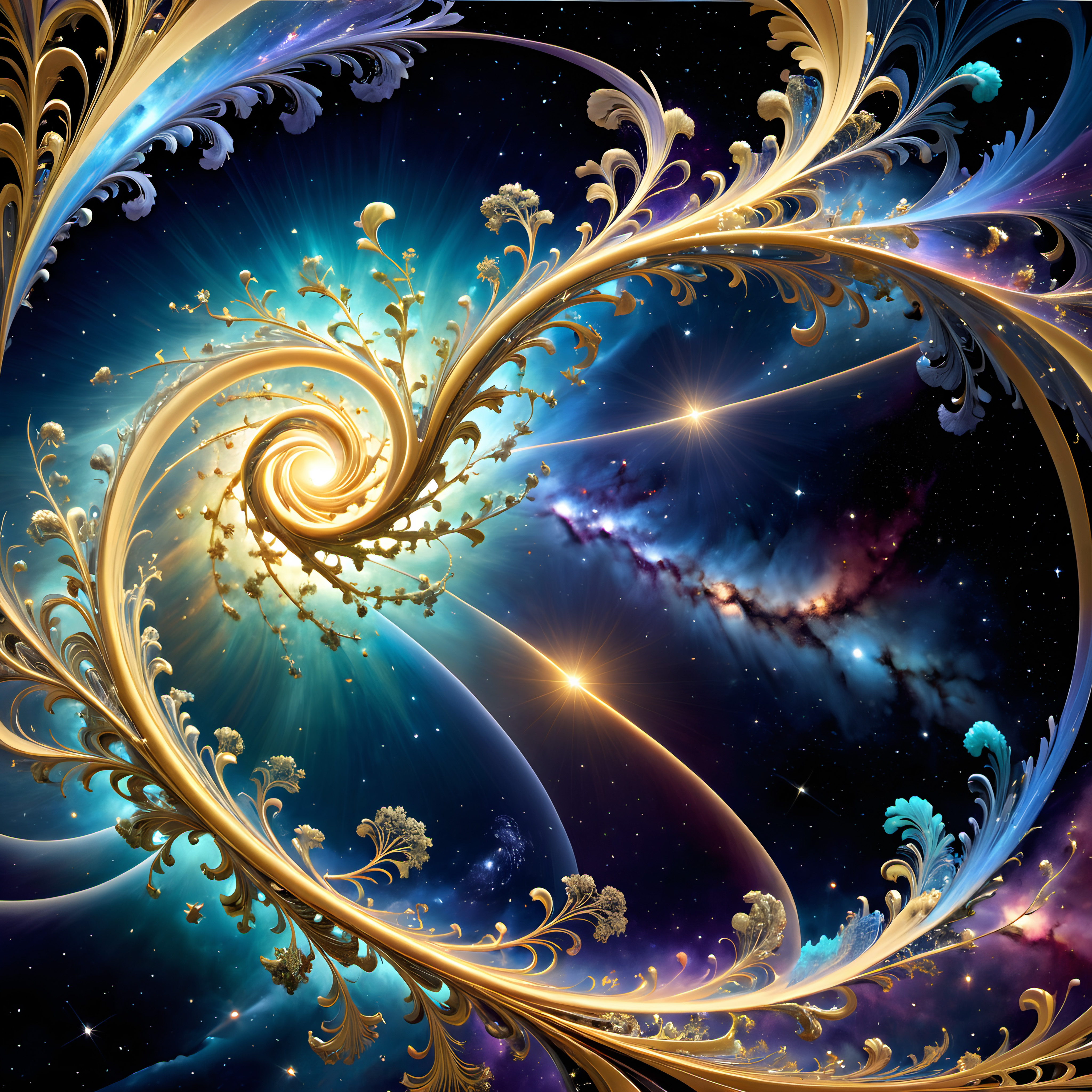 A cosmic abstract design merging golden fractals with a starry nebula background.