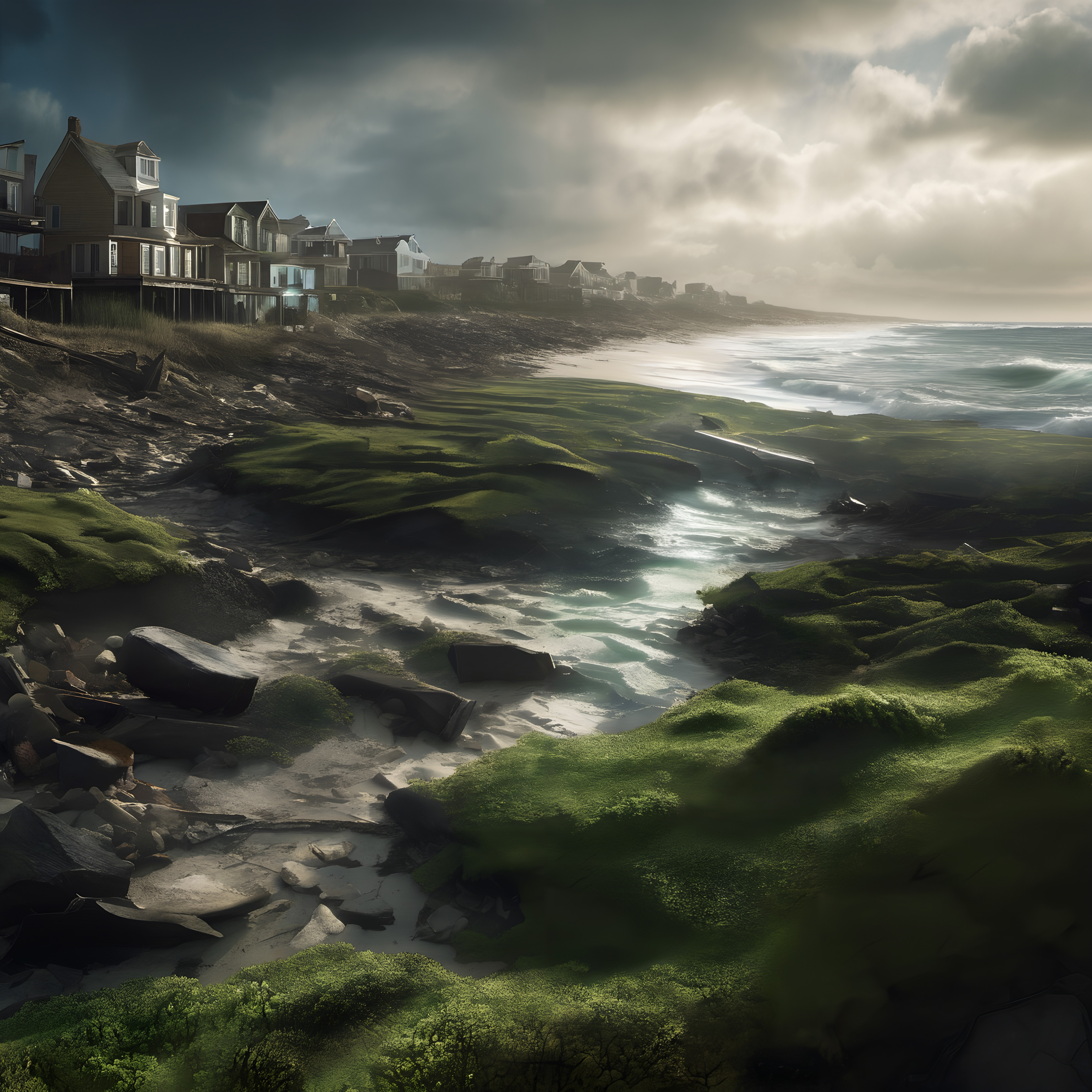 Serene coastal landscape with houses, rocks, and moss under dramatic skies.