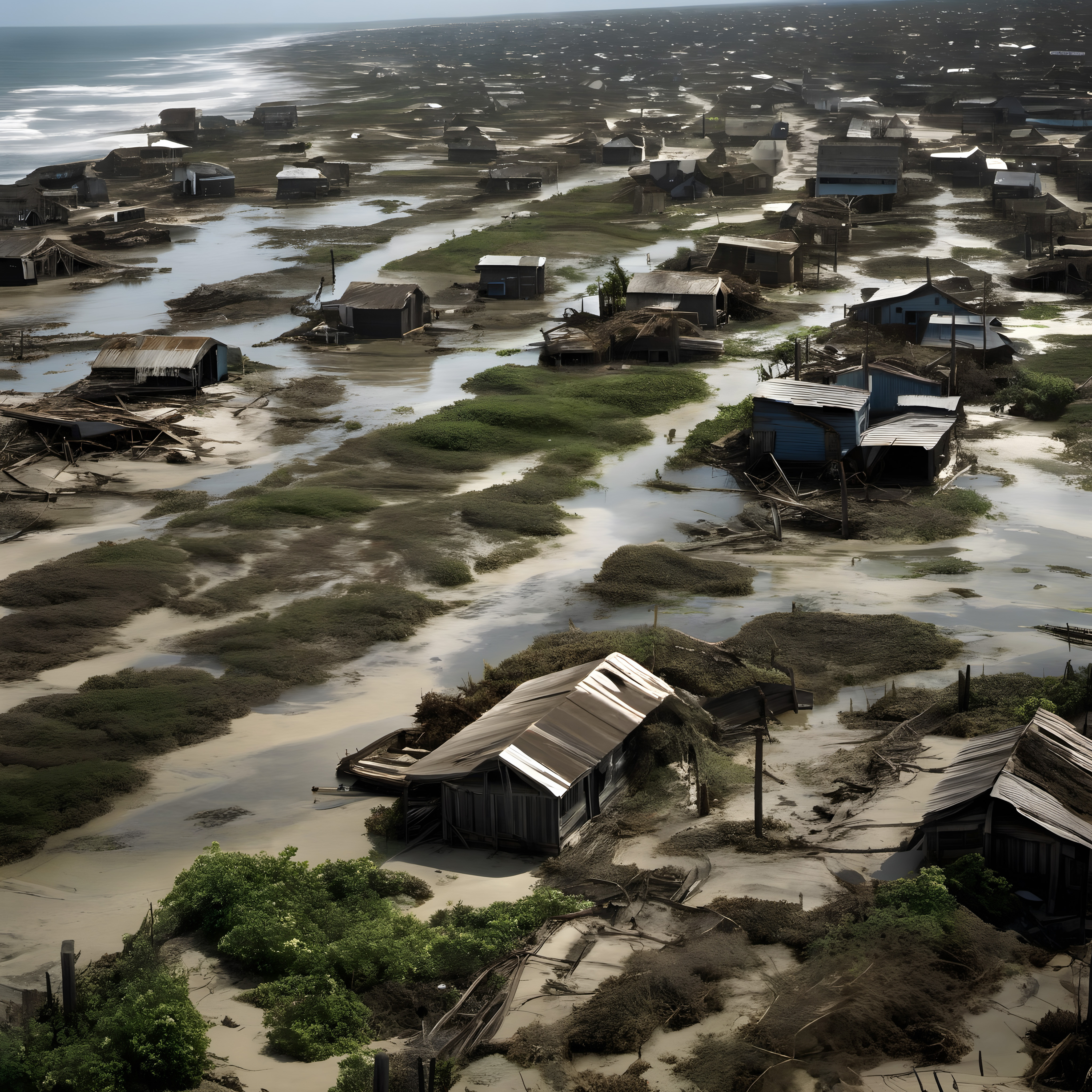 Image of a flooded coastal village with submerged houses and scattered debris.