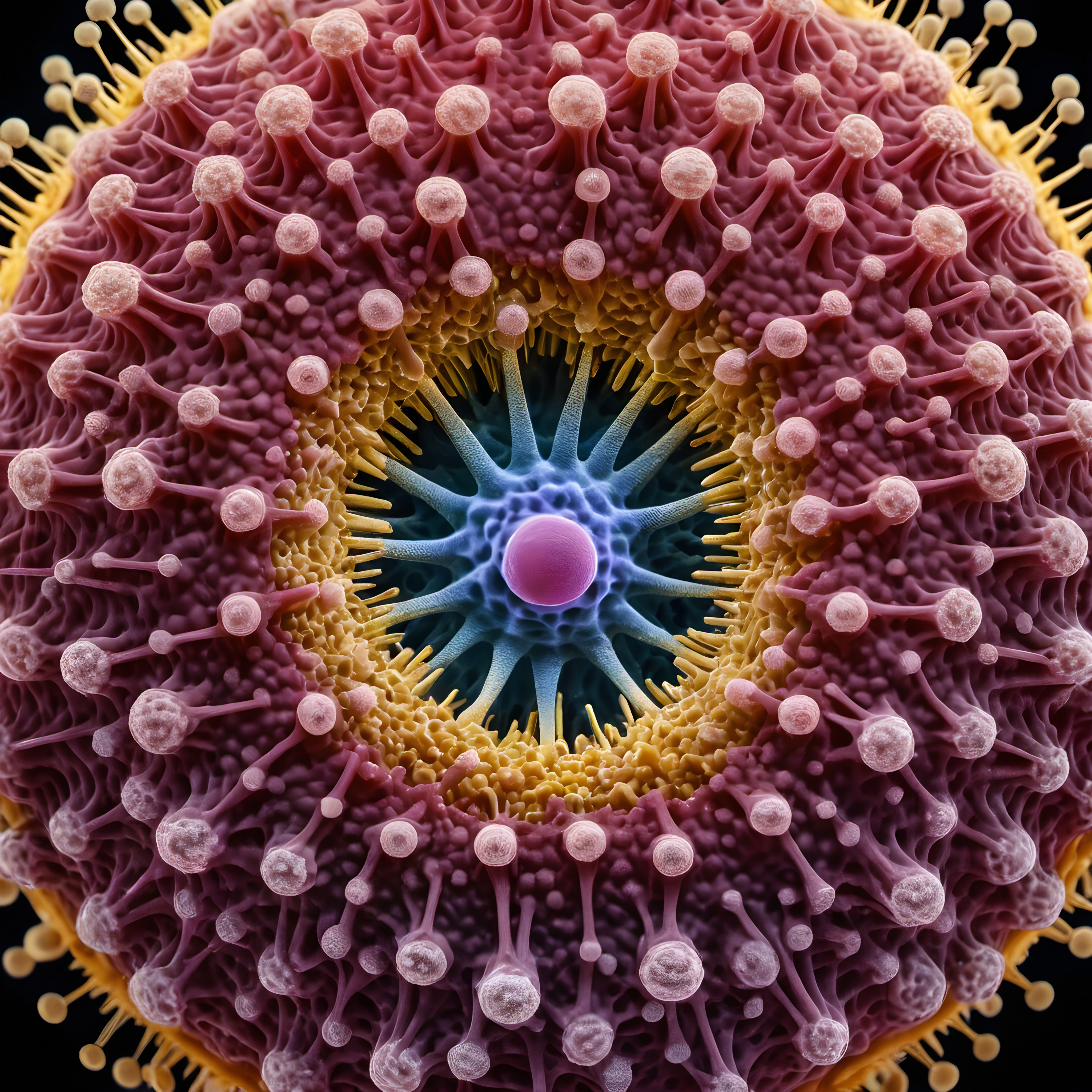 Intricate microscopic structure with colorful radial design.