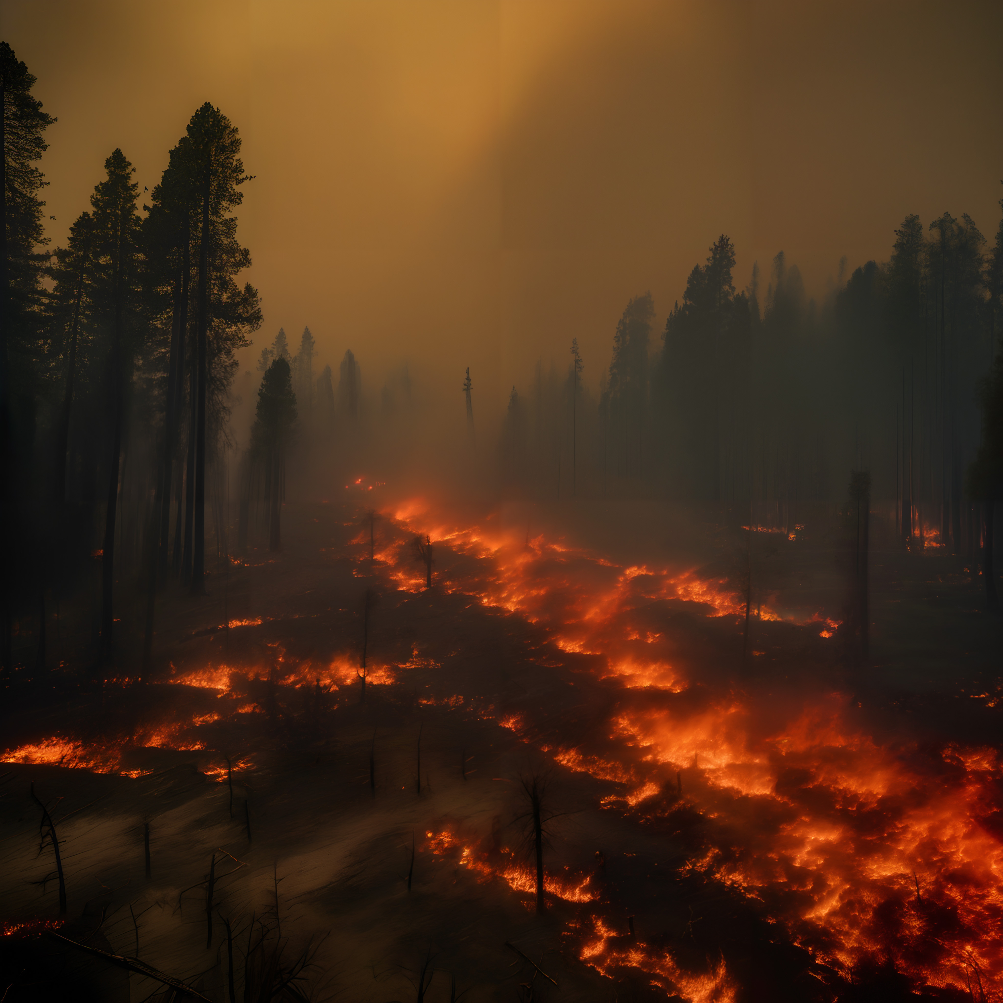 A devastating forest fire spreads rapidly, large flames consuming vast wilderness, silhouetted trees stand amidst the smoke-filled sky.