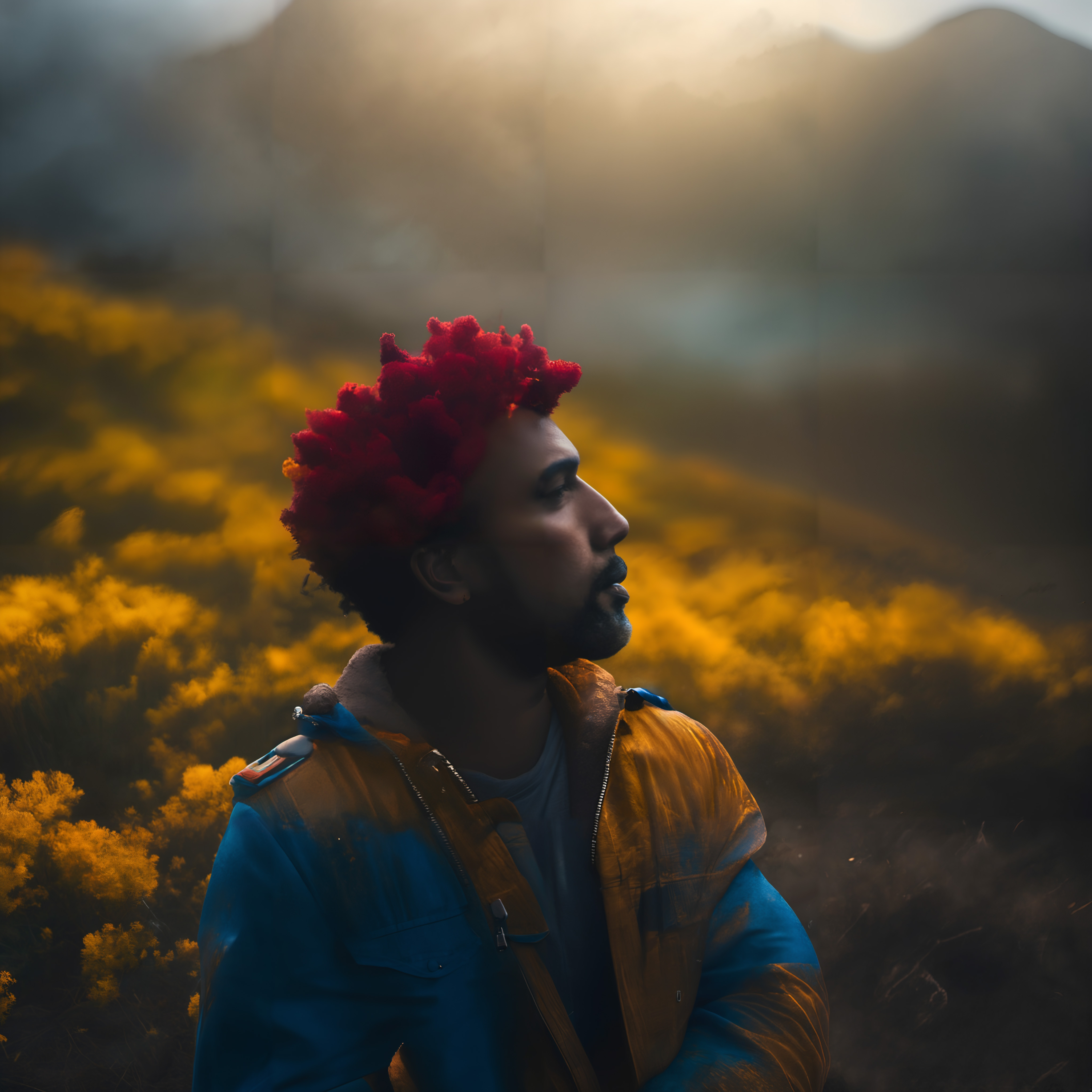 A man with bright red hair stands in a field of yellow flowers at sunrise, creating an ethereal and vibrant scene.