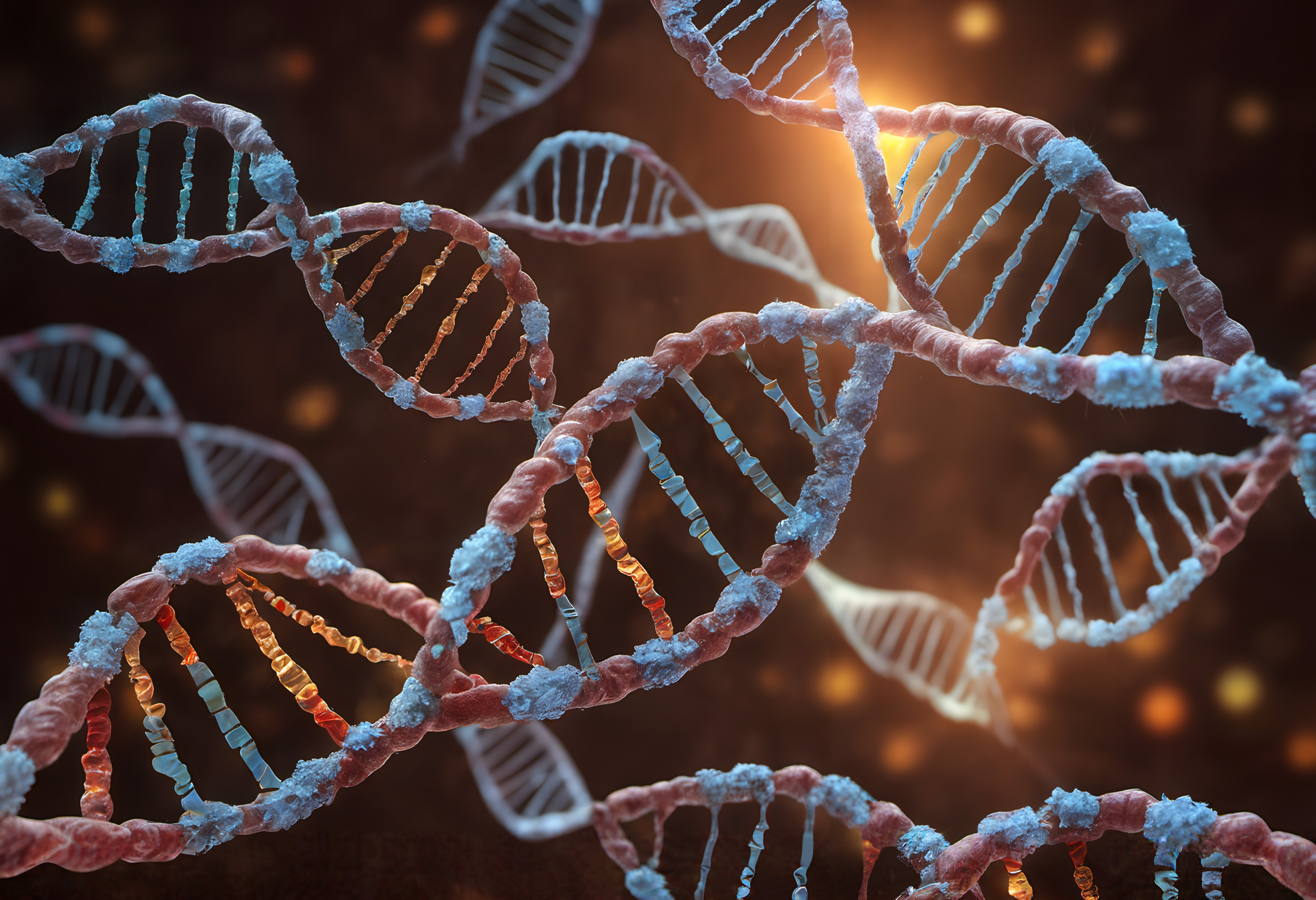 Detailed 3D depiction of DNA helixes with intricate textures and vibrant colors, illustrating the complexity of genetic information within a warm, softly lit background.