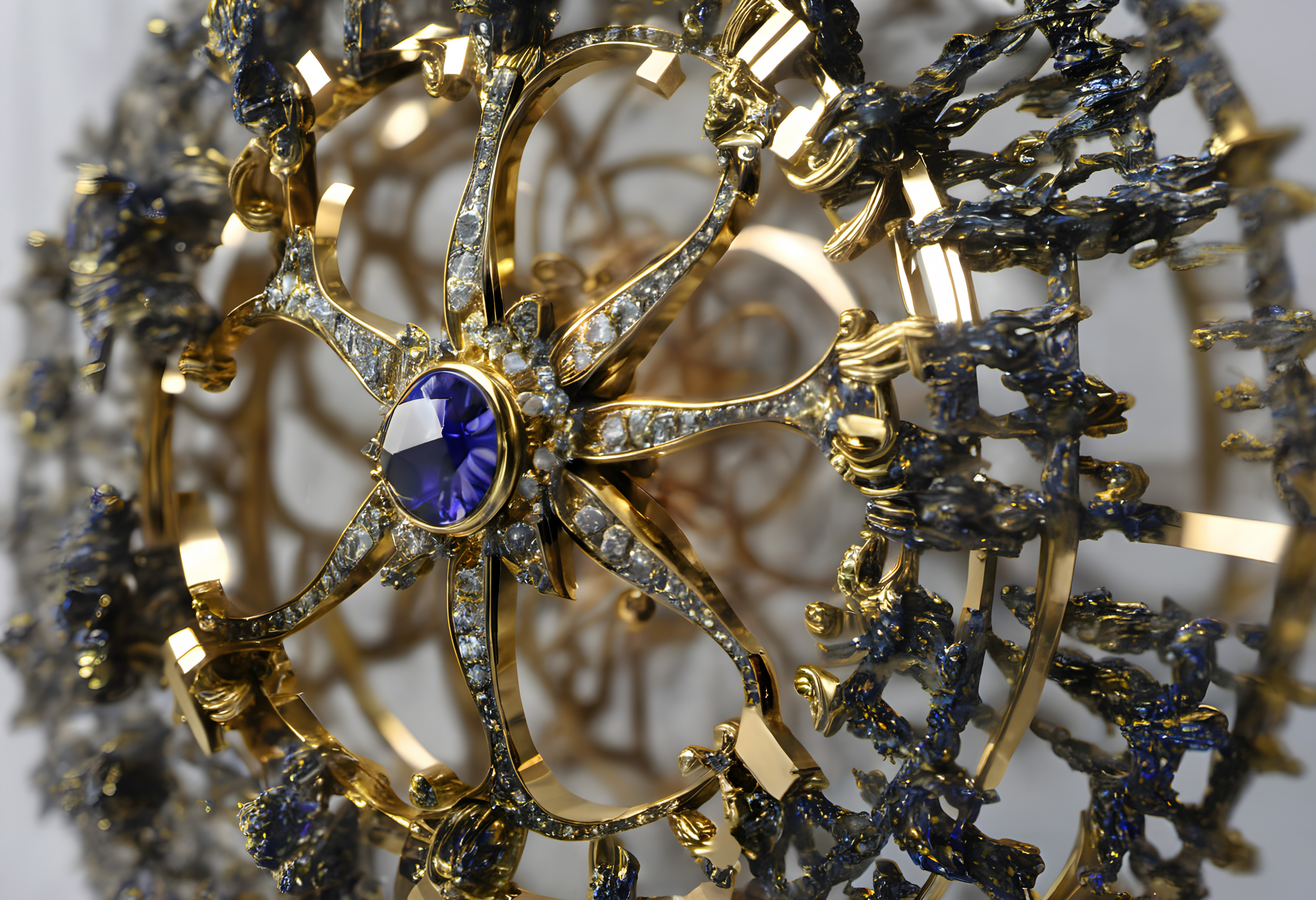 Intricate gold and sapphire jewelry piece with diamonds and floral design.