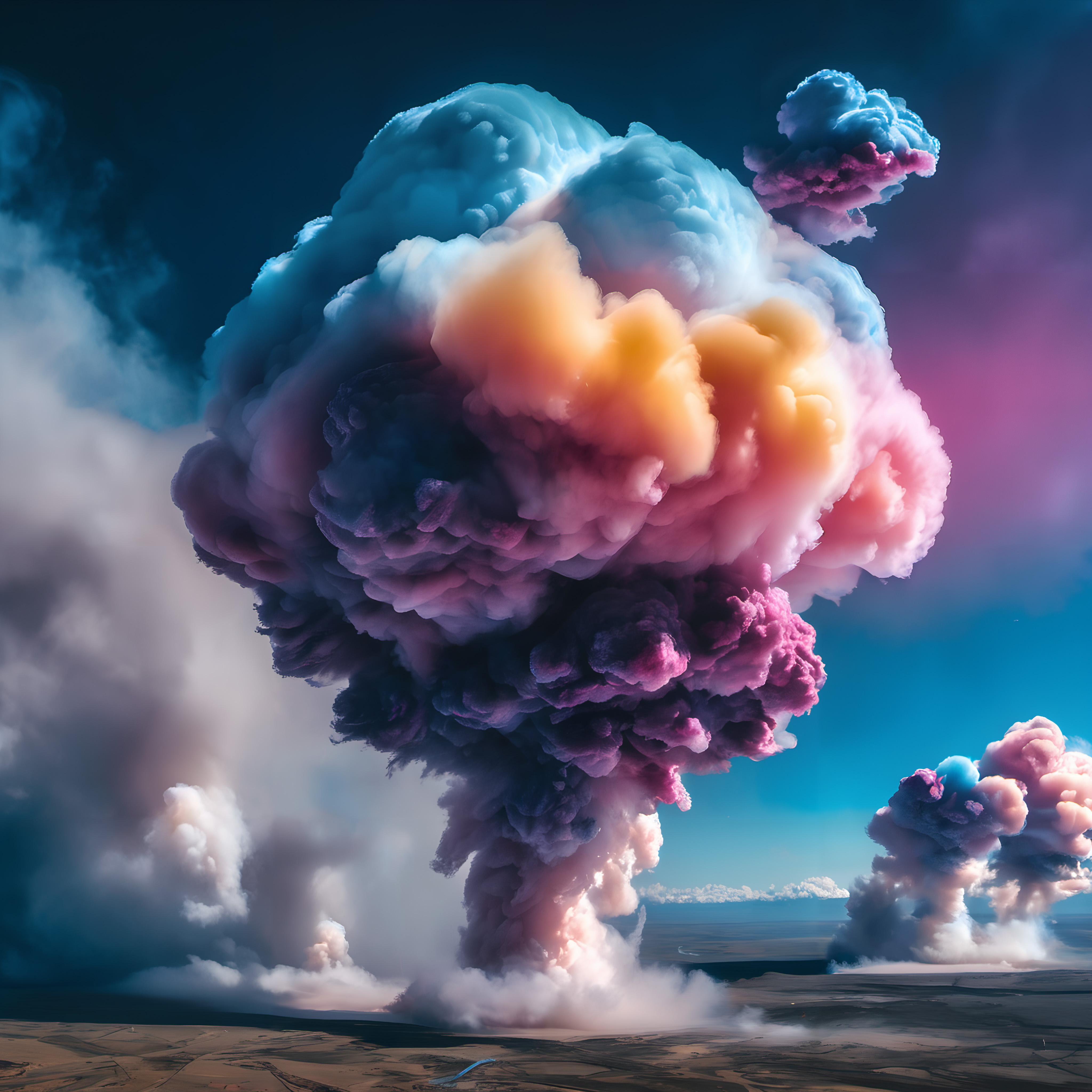 A surreal, colorful cloud formation rising vividly against a clear sky, showcasing vibrant hues in nature.