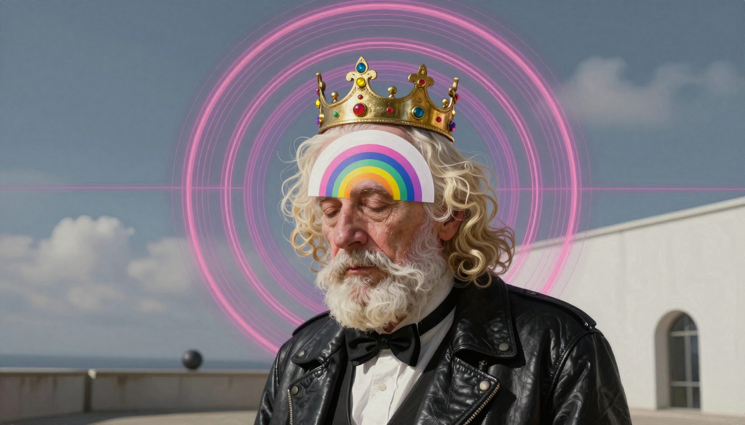 Elderly man with crown, rainbow forehead, pink circles, surreal art.