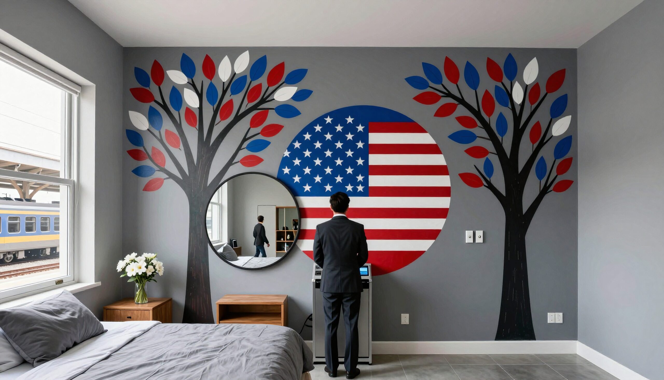 A man in a suit stands in a modern room with a mural featuring the American flag and colorful trees, next to a window and a train.
