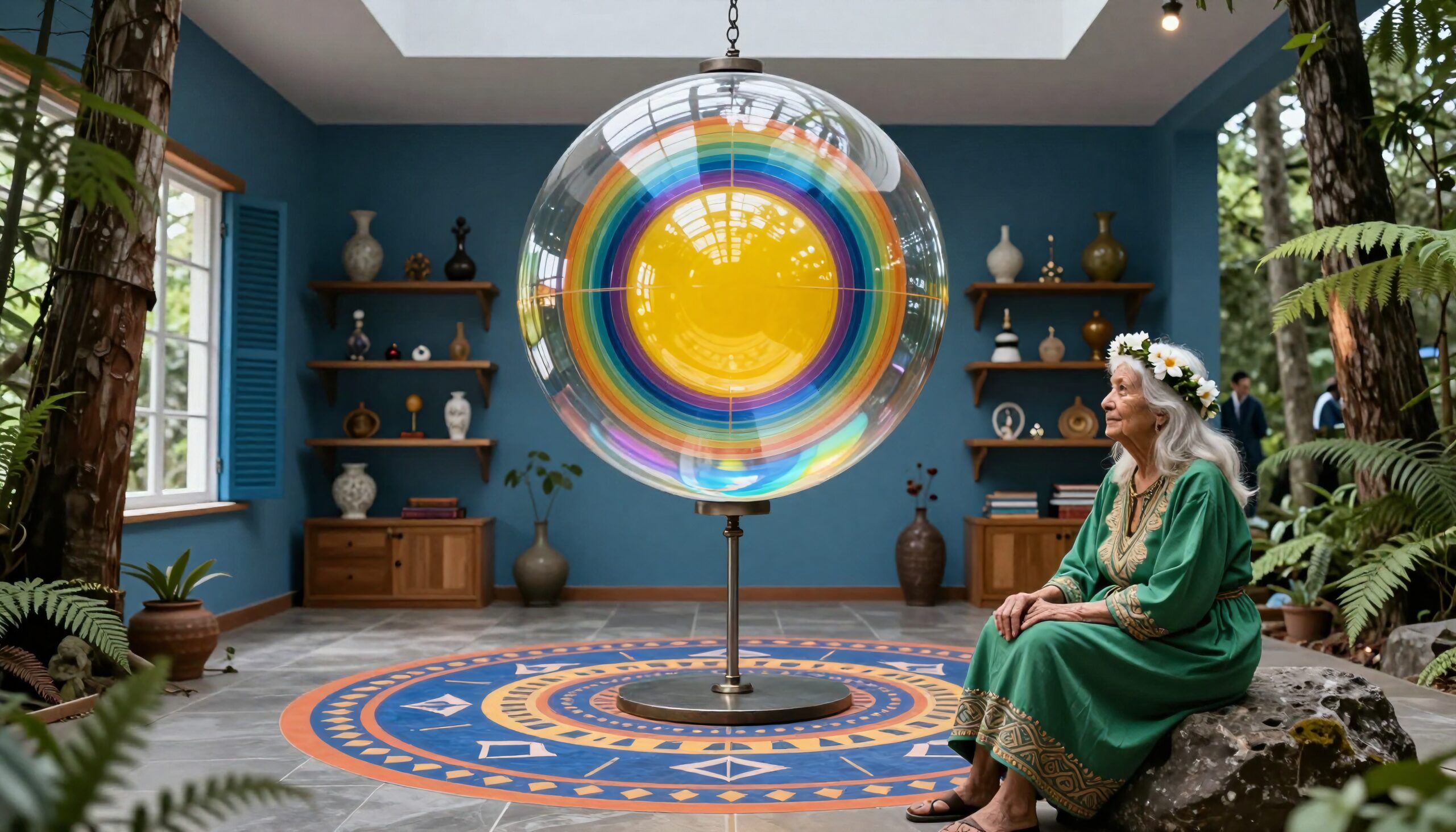 Elderly woman seated, room with colorful sphere and natural decor.
