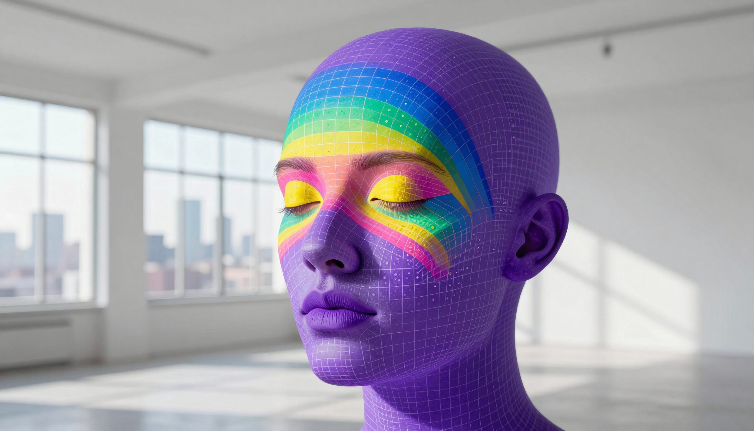 A futuristic purple face with rainbow stripes and a grid pattern, set in a bright room.