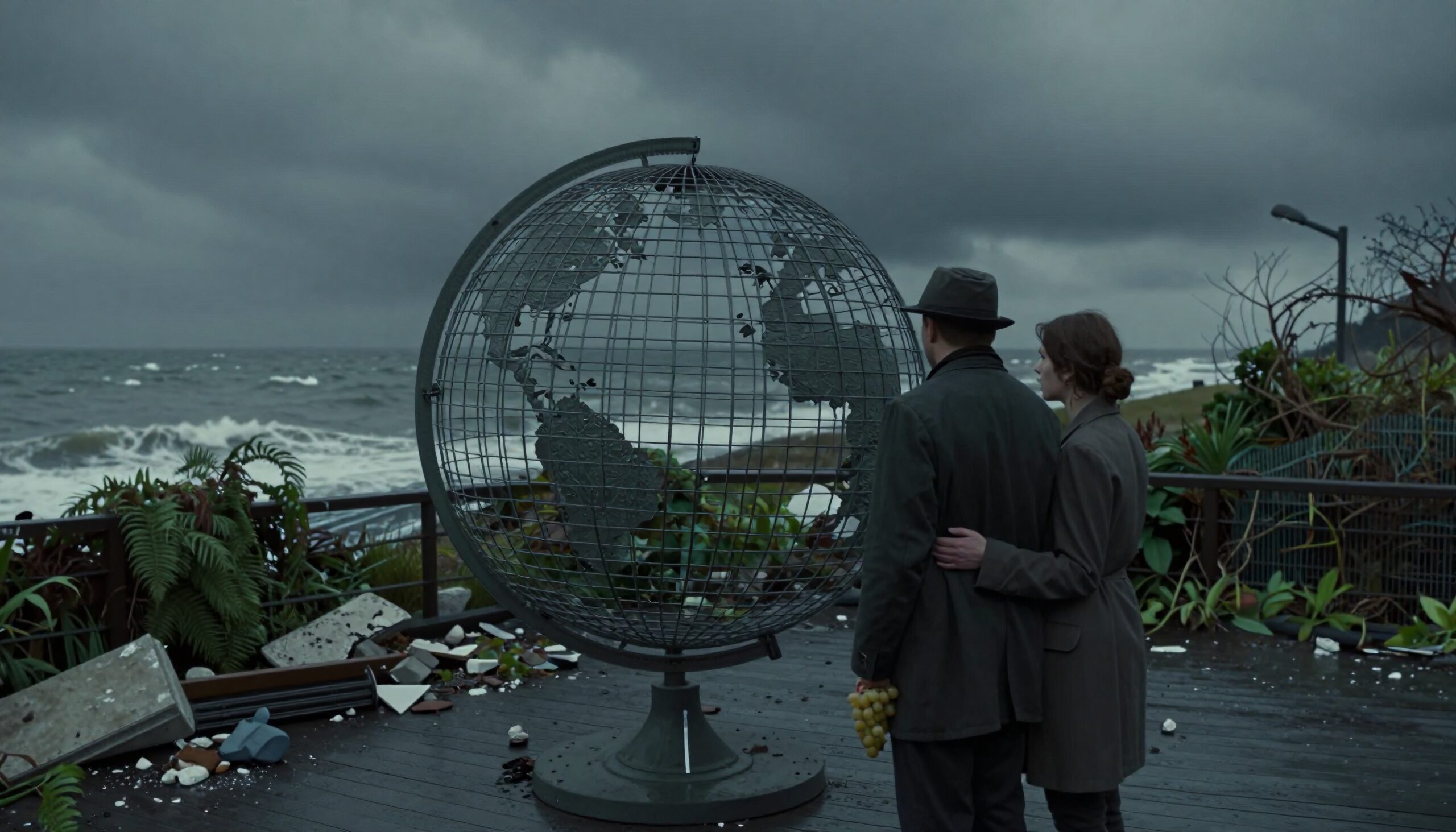Couple on a stormy deck by globe sculpture.