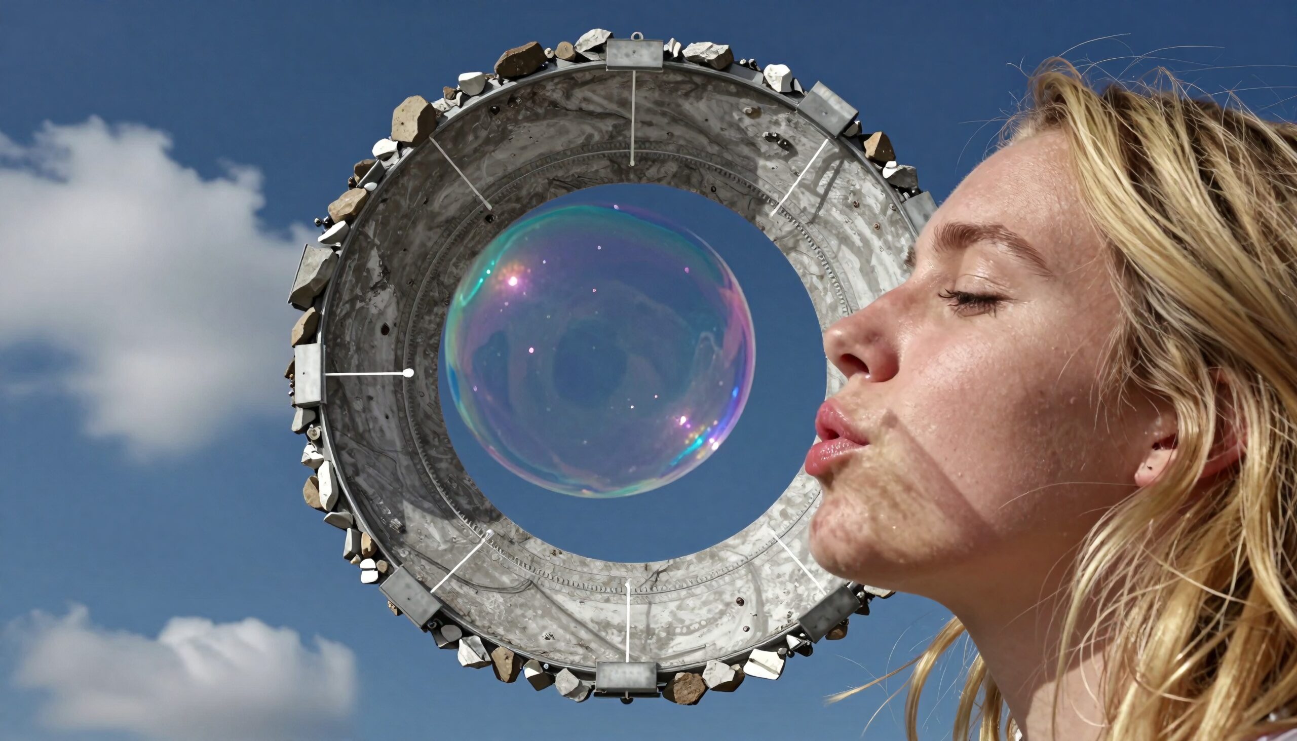 A young woman blows a large, iridescent soap bubble through a metal ring with stones, set against a bright blue sky.