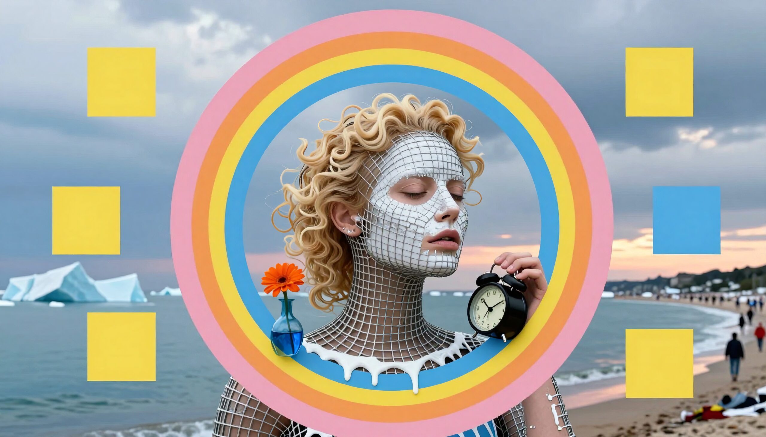 A woman with mesh pattern skin holds a clock against a backdrop of ocean and colorful geometric designs, creating a surreal and artistic scene.