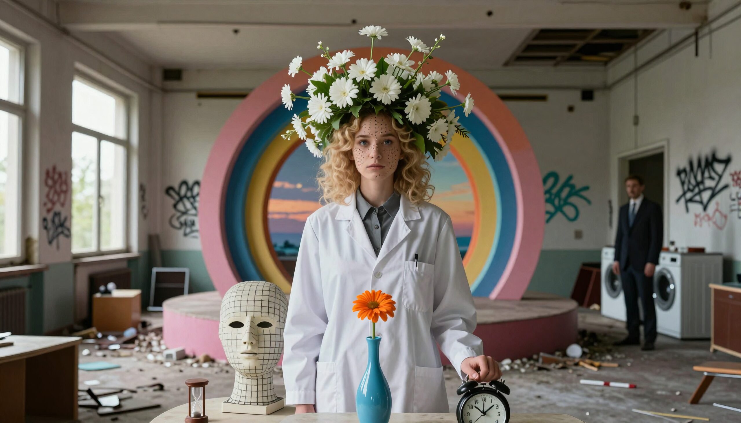 A woman in a lab coat stands in a graffiti-covered room with a daisy crown, surrounded by eclectic objects, evoking themes of time and nature.