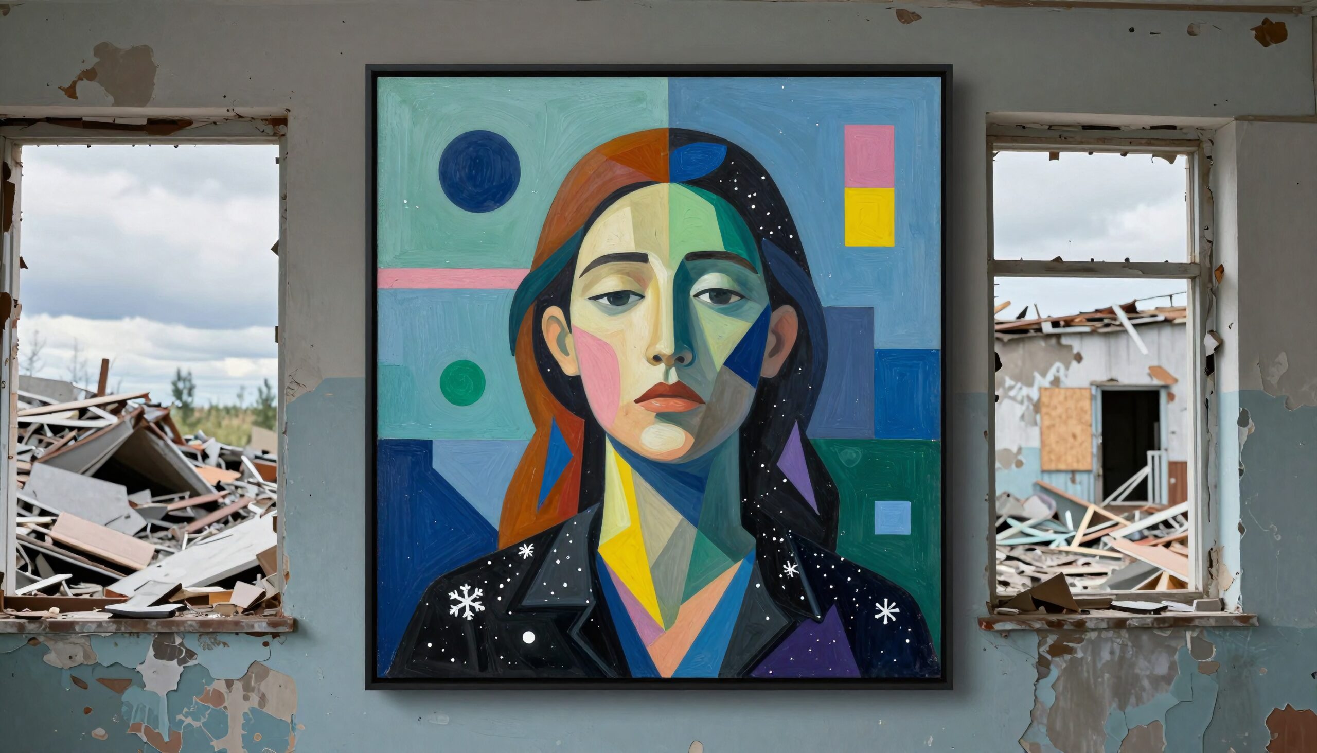 Abstract portrait of a woman with geometric shapes and vivid colors contrasts with a devastated landscape outside.